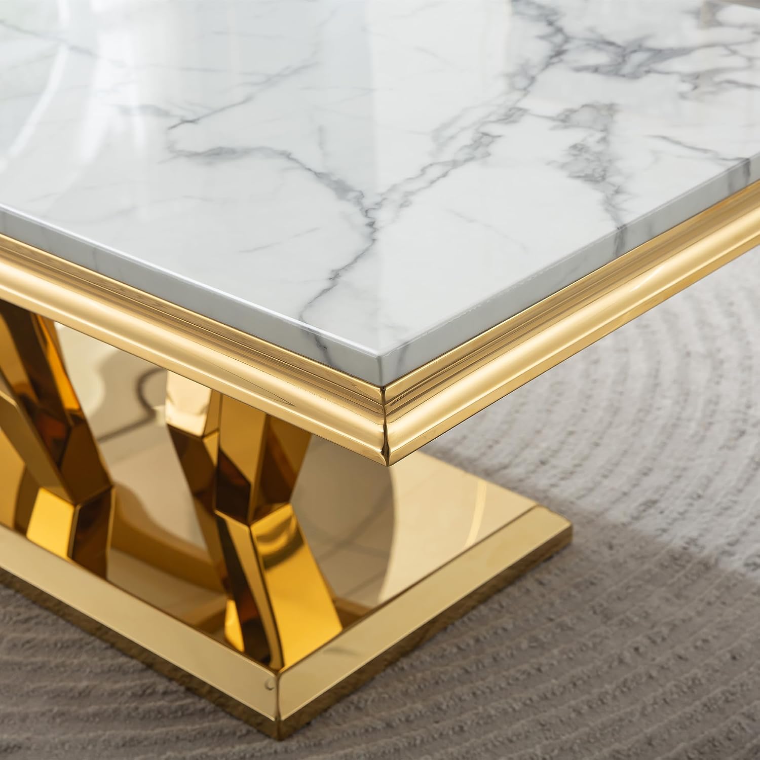 3 Piece Living Room Table Set, Modern Faux Marble Coffee Table and 2 End Tables Set for Living Room Apartment, Mirrored Stainless Steel Base, Imitation Marble Tabletop (White & Gold)
