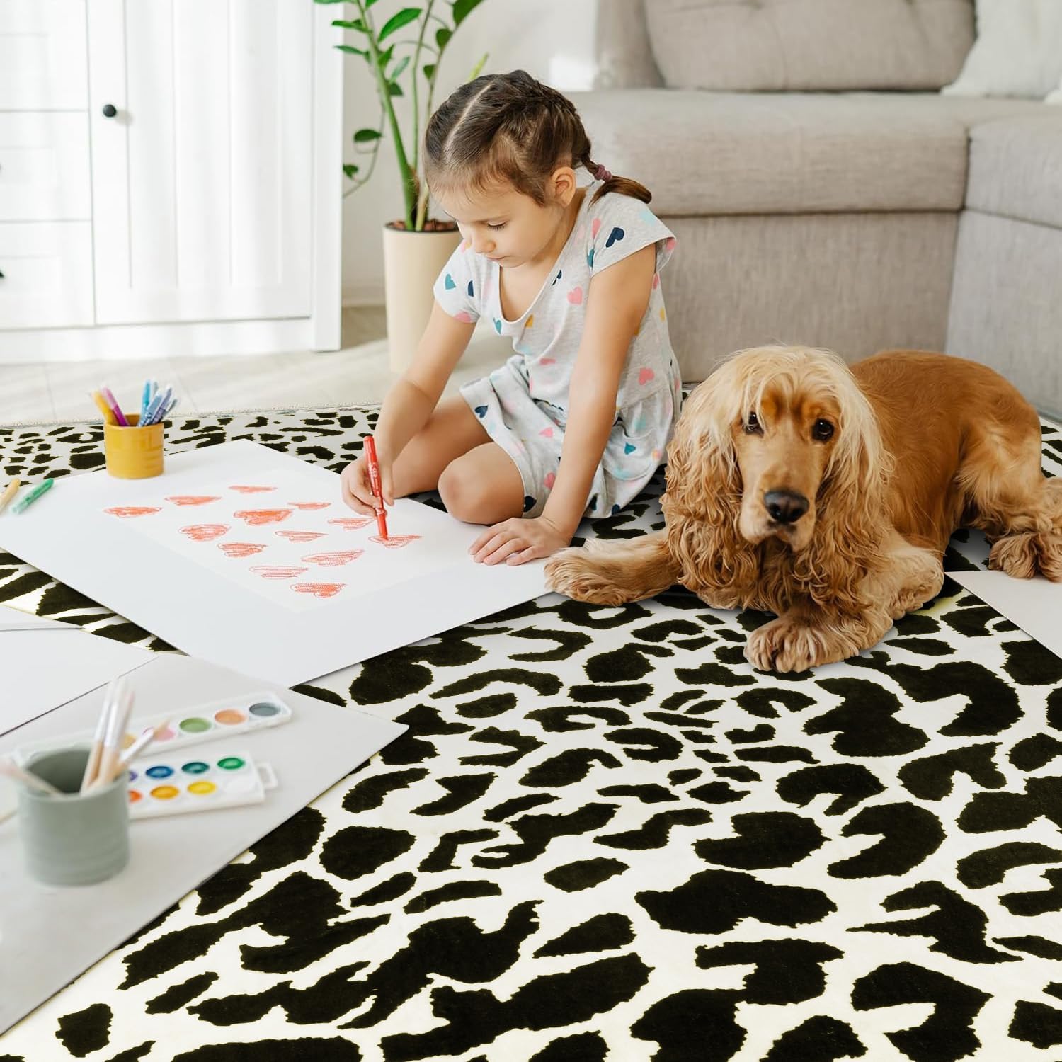 YIHOUSE Leopard Rug for Living Room, Black and White Cute Cheetah Print Rug Modern Washable Animal Printed Rugs for Bedroom, Girls Boys Dorm Room Nursery Room, Playroom, 8x10