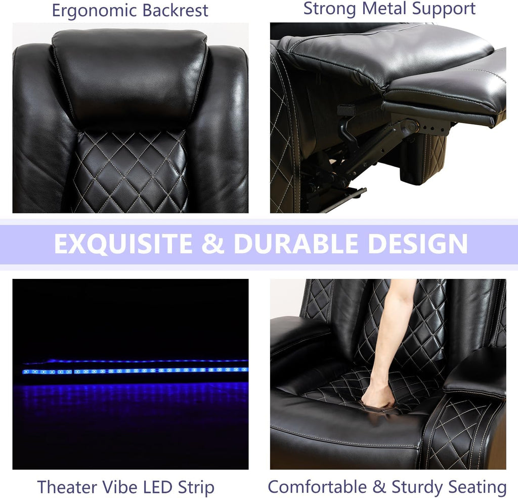 Black Leather Power Recliner Sofa Set, 2 Piece Reclining Sofa and Loveseat Set, Luxury Reclining Loveseat Couch Recliner Sets with Coffee Table, Living Room Furniture for House/Home Theater