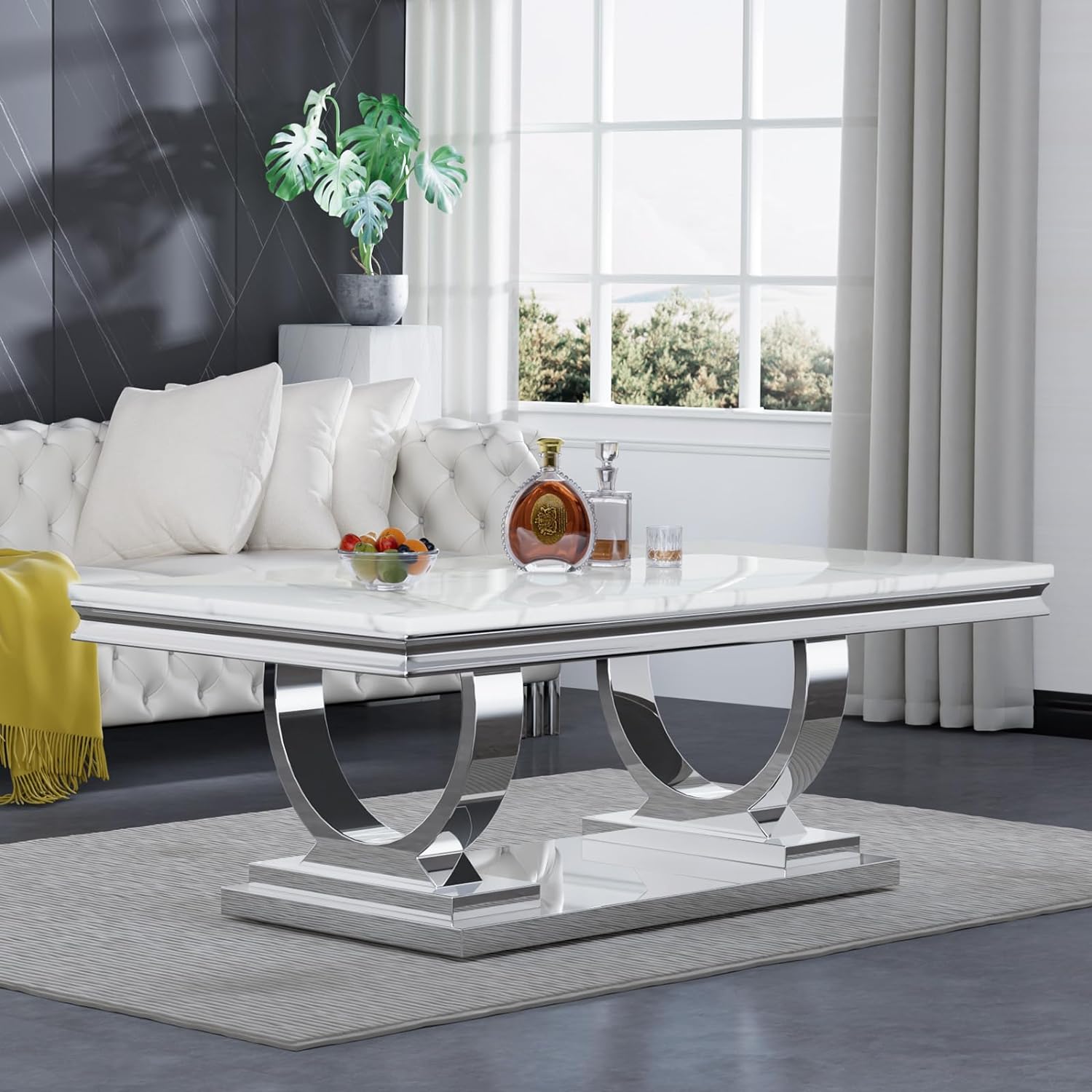HomVent 3 Pieces U-Shaped Living Room Table Set by Brand, Faux Marble & Stainless Steel Coffee Table Set with Mirrored Finish Home Office (Silver)