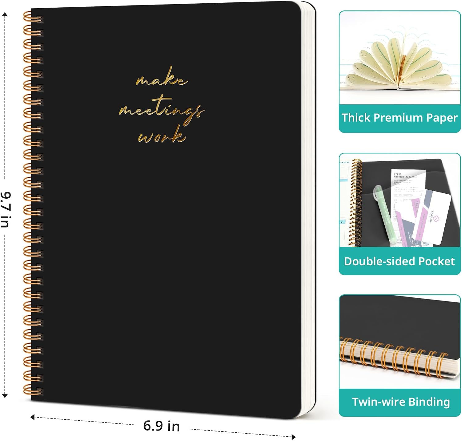 48 Pack of Meeting Notebook for Work Organization - Work notebook with action items, Meeting Minutes Planner Notebook, Perfect Office Supplies for Men & Women - Black