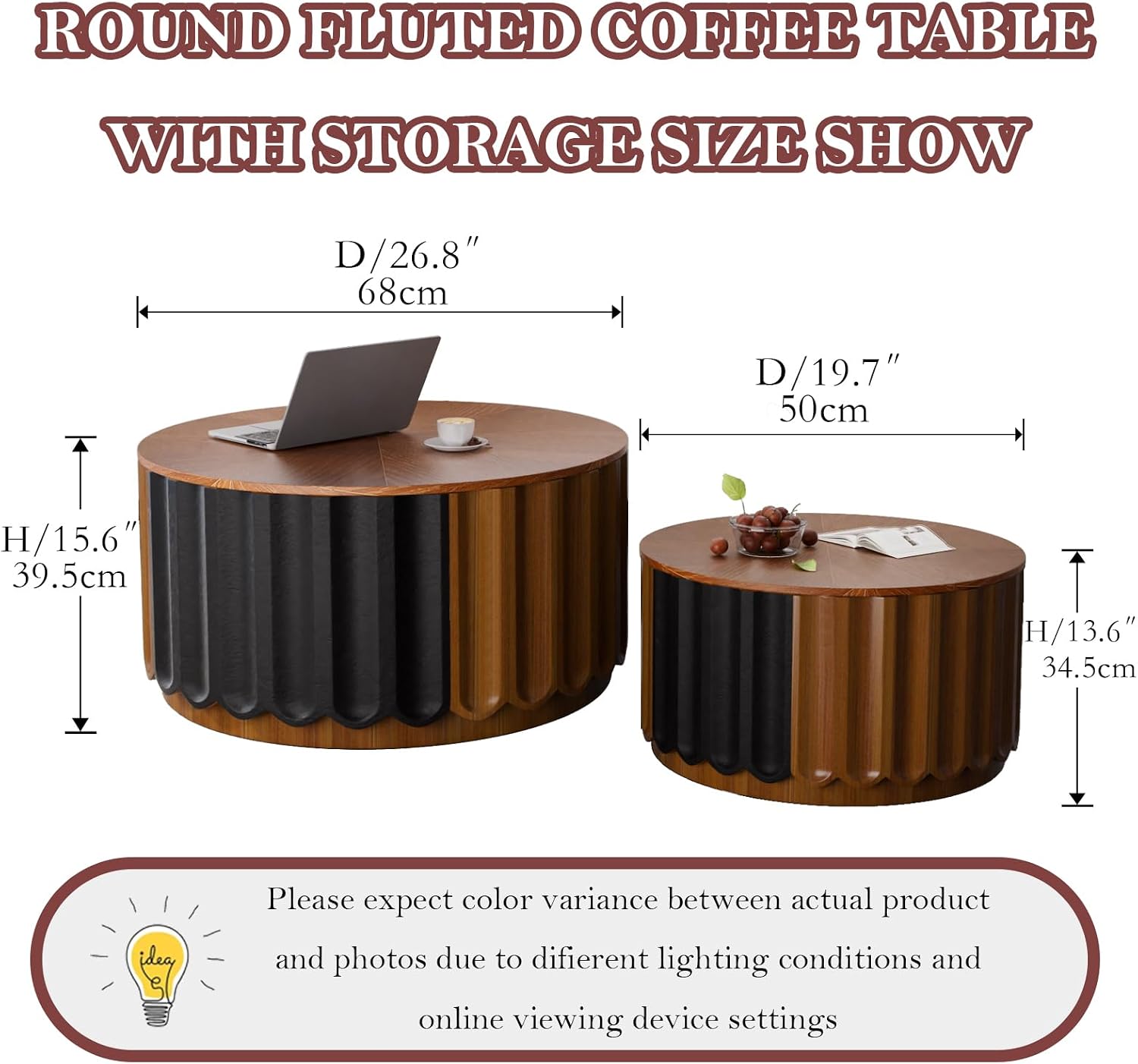 Round Nesting Coffee Table with Storage Stylish Chic Wooden Circle Center Table - Handcraft Relief Veneer for Living Room Study Balcony (F 26.8+19.7in)