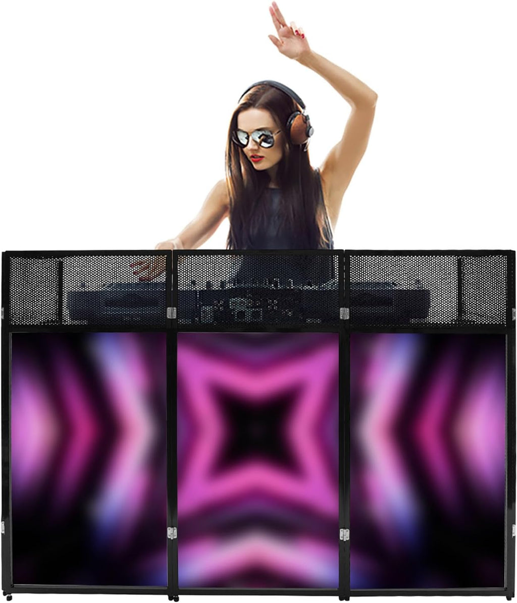 Foldable Dj Booth Stand with Table Top, 23' X 73' Event Facade & Scrim Screen Frame, Portable Dj Desk for Parties/Weddings/Clubs, Heavy Duty 44lbs Capacity