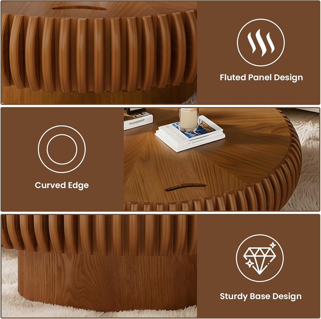Round Fluted Coffee Table with Storage for Living Room, Modern Wooden Drum Coffee Table with Solid Wood Veneered, Circle Accent Tea Center Table for Small Space Apartmen (Brown, 31.5' with Storage)