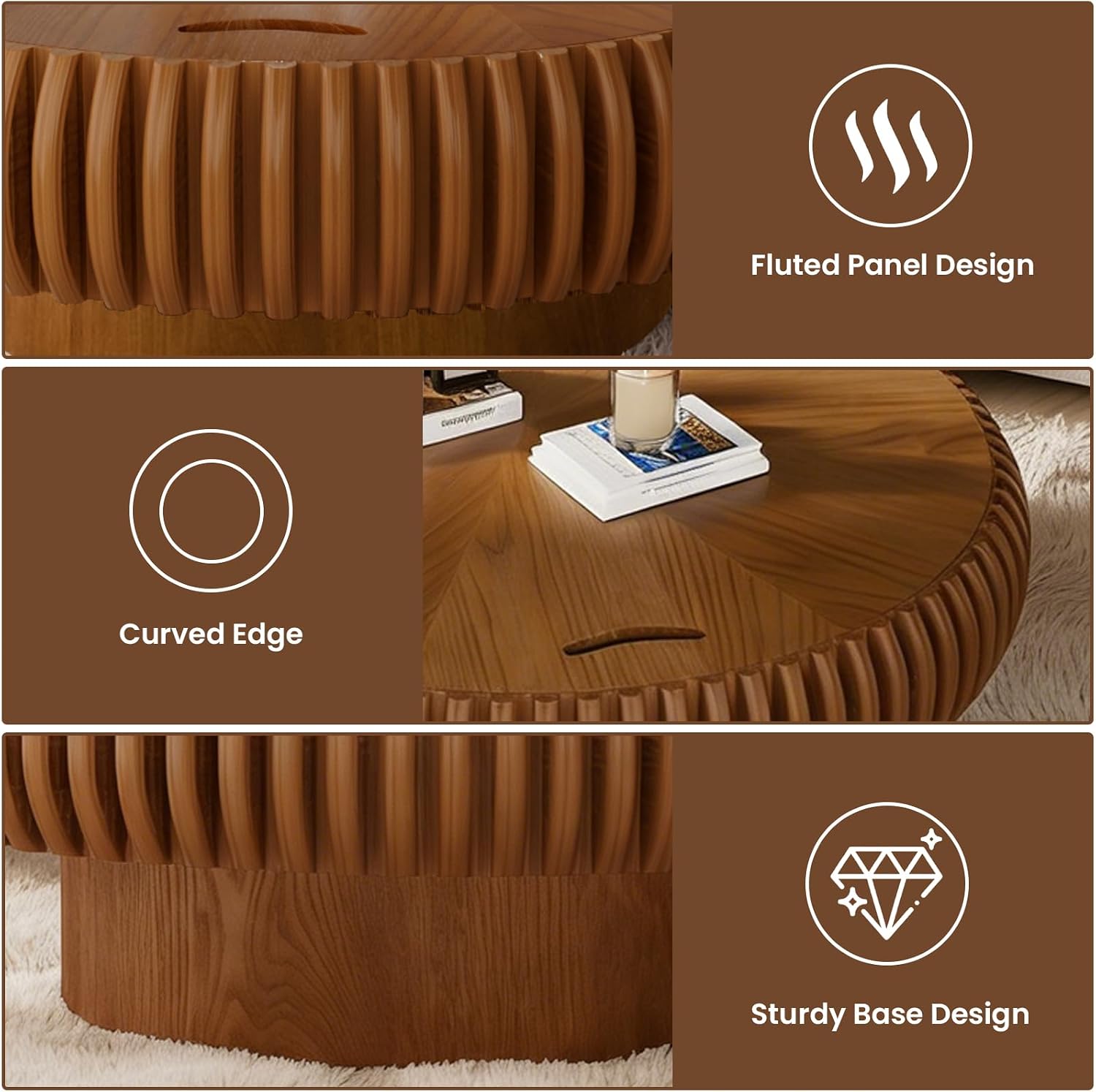 Round Fluted Coffee Table with Storage for Living Room, Modern Wooden Drum Coffee Table with Solid Wood Veneered, Circle Accent Tea Center Table for Small Space Apartmen (Brown, 39.37' with Storage)