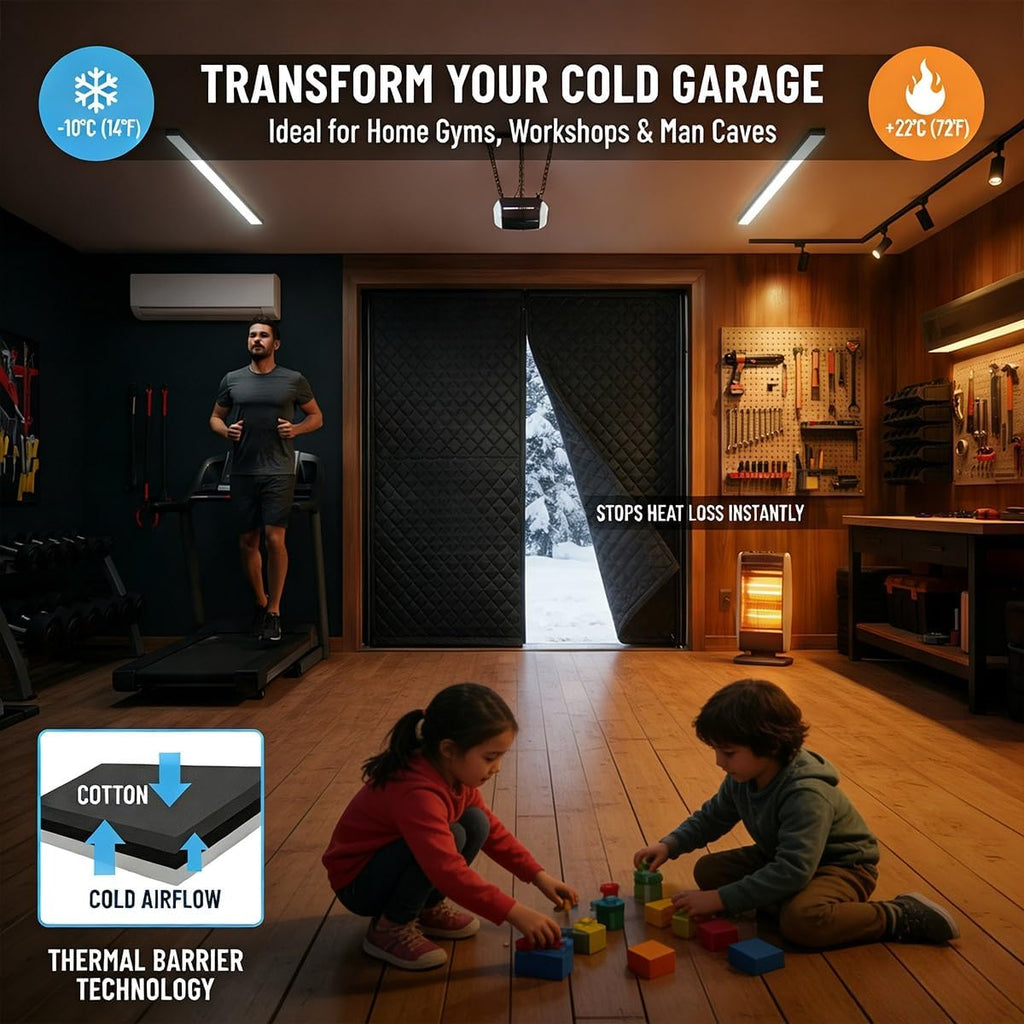 Garage Door Insulation Kit for Winter, Magnetic Thermal Screen Curtain for 2 Car Garage & Warehouse, Heavy Duty Soundproof Cotton Blanket, Windproof Draft Stopper Cover(Black,16x12FT)