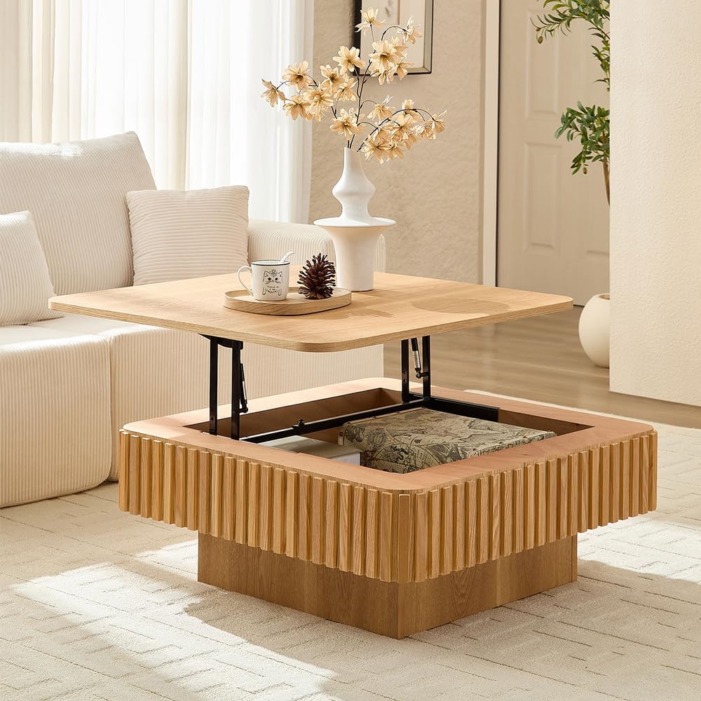 WILLIAMSPACE 35.43' Lift Top Coffee Table with Hidden Storage & Sturdy Base, Modern Luxury Square Wood Handcraft Drum Center Table Accent End Tea Table for Living Room, Minimalist Fluted Design, Oak