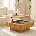 WILLIAMSPACE 35.43' Lift Top Coffee Table with Hidden Storage & Sturdy Base, Modern Luxury Square Wood Handcraft Drum Center Table Accent End Tea Table for Living Room, Minimalist Fluted Design, Oak
