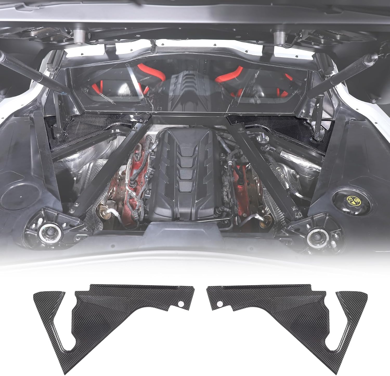 Real Carbon Fiber Engine Bay Panel Cover Compatible with Chevrolet Corvette C8 2020-2026, Front Hood Lift Supports Shock Struts Base Trim Cover Accessories 2Pcs (Black)