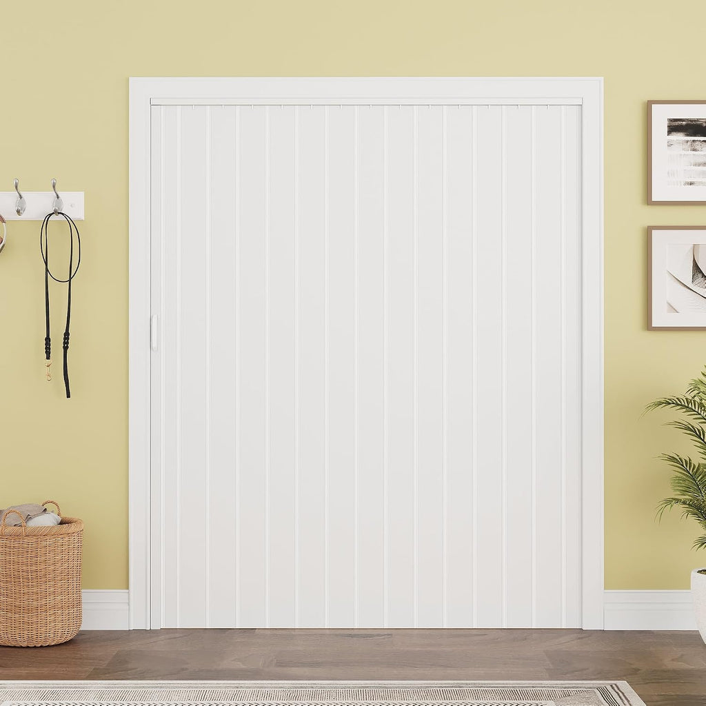 60' x 80' Enhanced Accordion Doors White PVC Folding Door Hardware Kit Included, Multifold Bifold Closet Doors with 2 Handles for Doorway Closet Basement Bathroom RV Camper, White - Single Layer