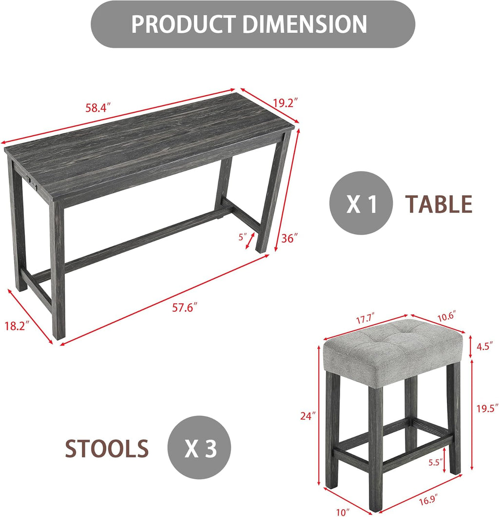 Merax Industrial Bar Table Set with Power Outlet, 4-Piece Counter Height Dining Set with Linen Fabric Stools for Kitchen, Breakfast Nook, Game Room,Black Gray+ Gray