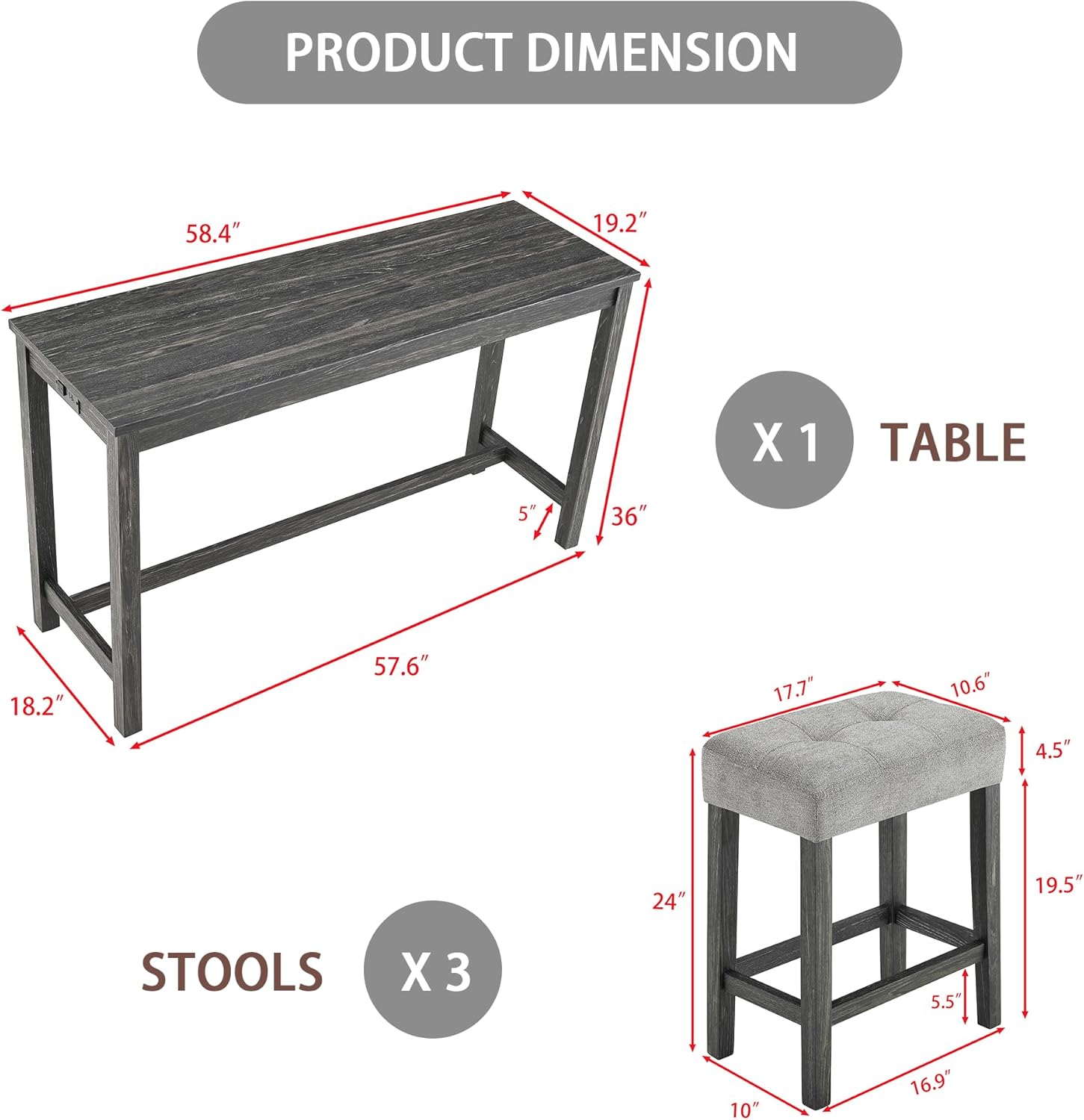 Merax Industrial Bar Table Set with Power Outlet, 4-Piece Counter Height Dining Set with Linen Fabric Stools for Kitchen, Breakfast Nook, Game Room,Black Gray+ Gray