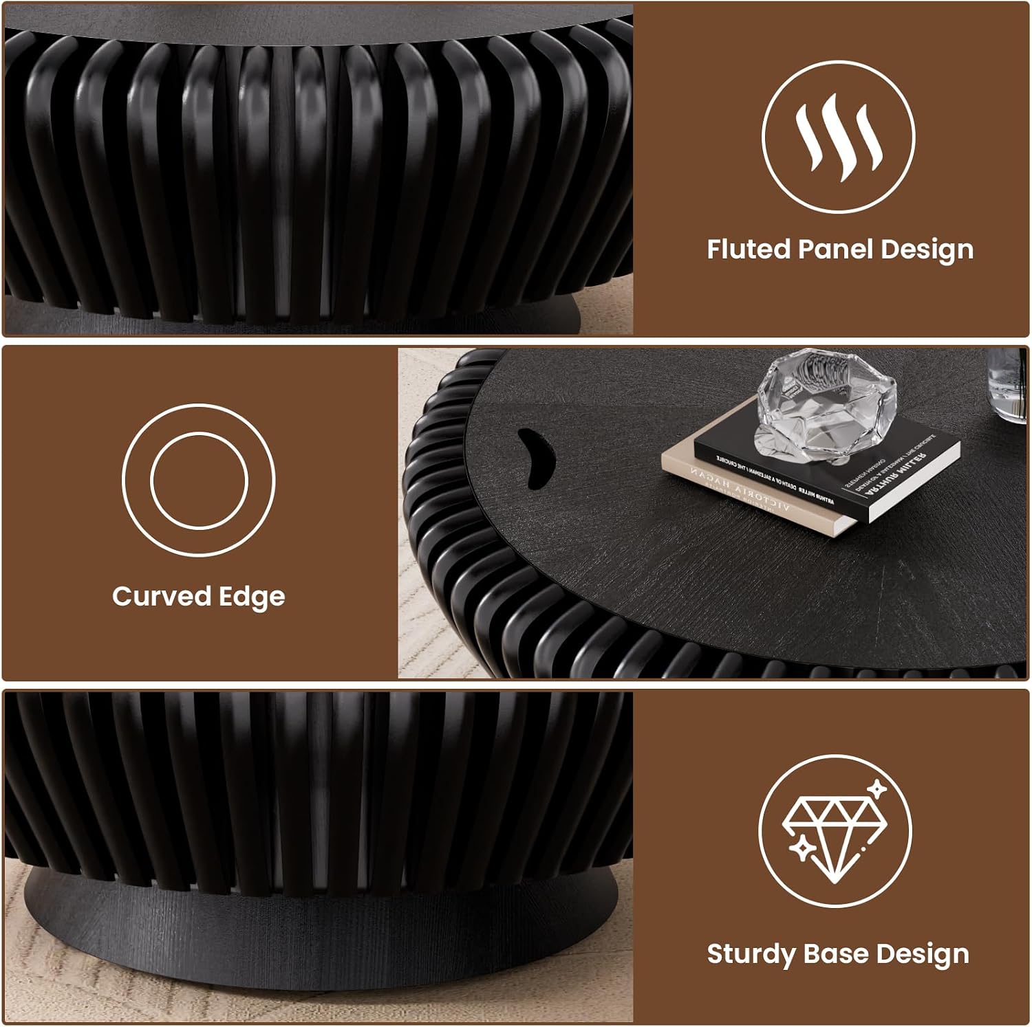 Round Fluted Coffee Table with Storage, 35.4' Wooden Drum Coffee Table, Modern Circle Center Accent Furniture, Tea Table for Living Room Apartment Small Space (Black, 35.4' with Storage)