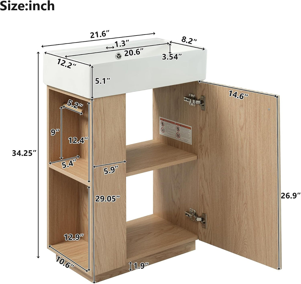 Space-Saving 21.6' Bathroom Vanity with Sleek Ceramic Sink, Freestanding Right Door MDF Cabinet - Perfect for Compact Bathrooms!