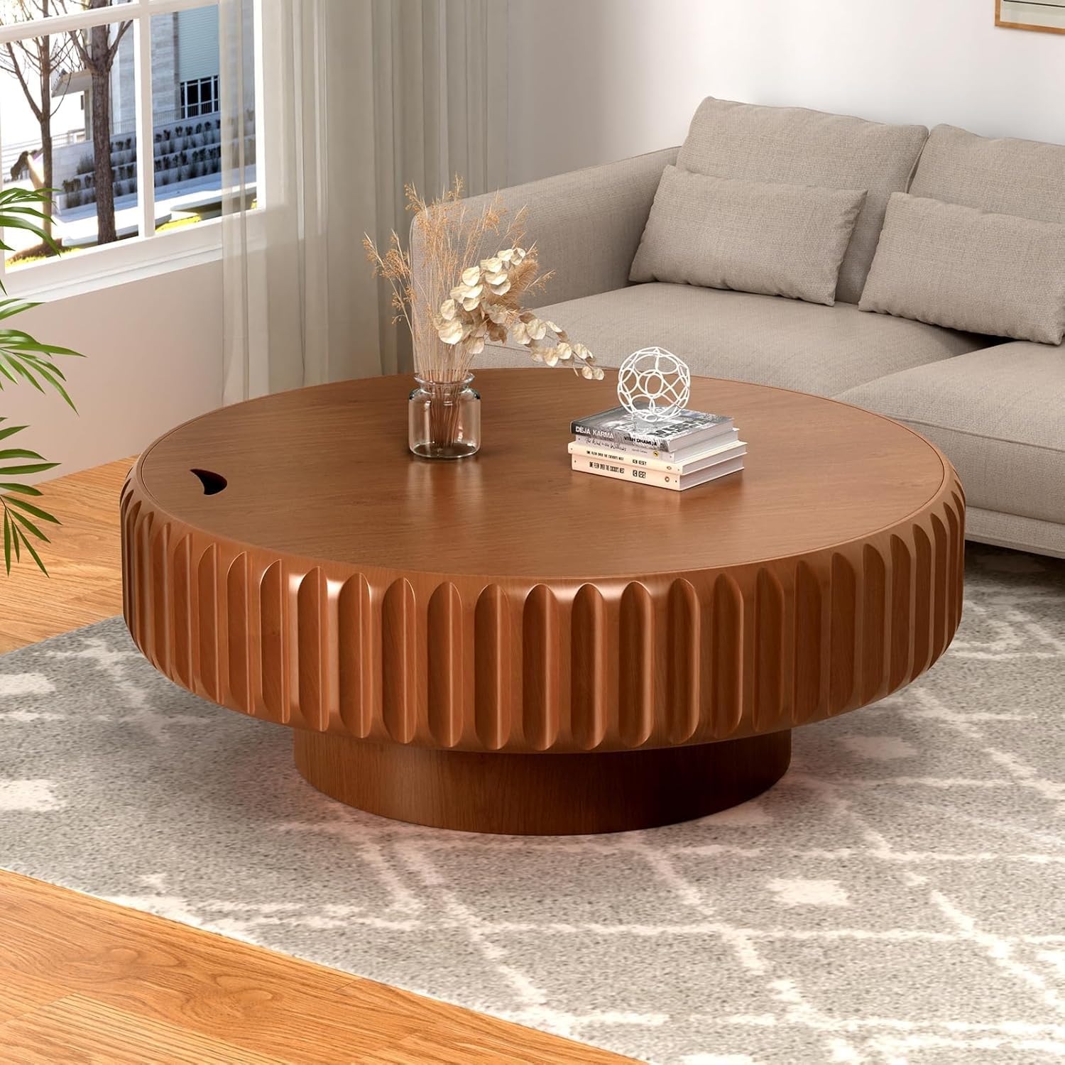 Round Drum Coffee Table White Fluted Coffee Table Circle Center Table Pedestal End Table for Apartment (Brown 39.4)