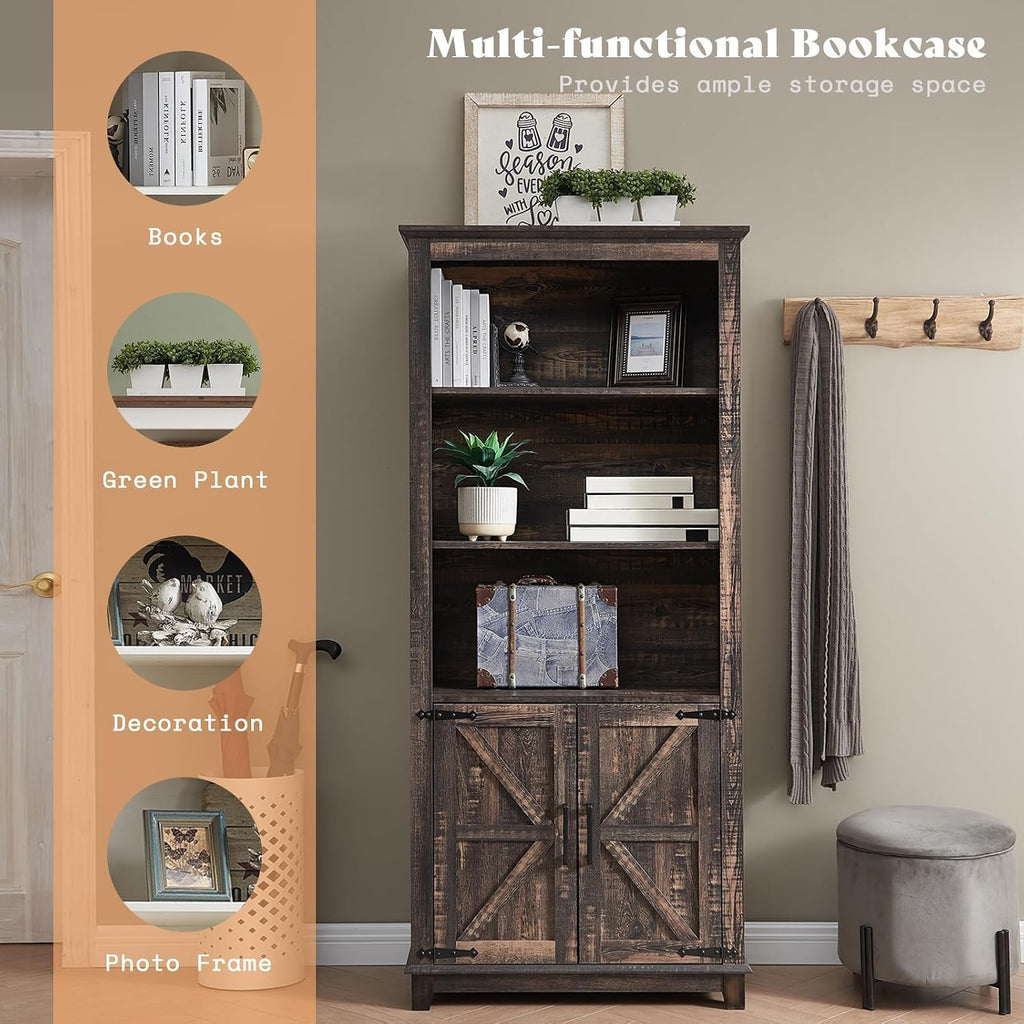 AMERLIFE 4 Piece Farmhouse Table Set, TV Stand, 2 Bookcases & Coffee Table, Entertainment Center for 65 Inch Television with Sliding Barn Doors & Storage Drawers, for Living Room, Bedroom, Oak Black