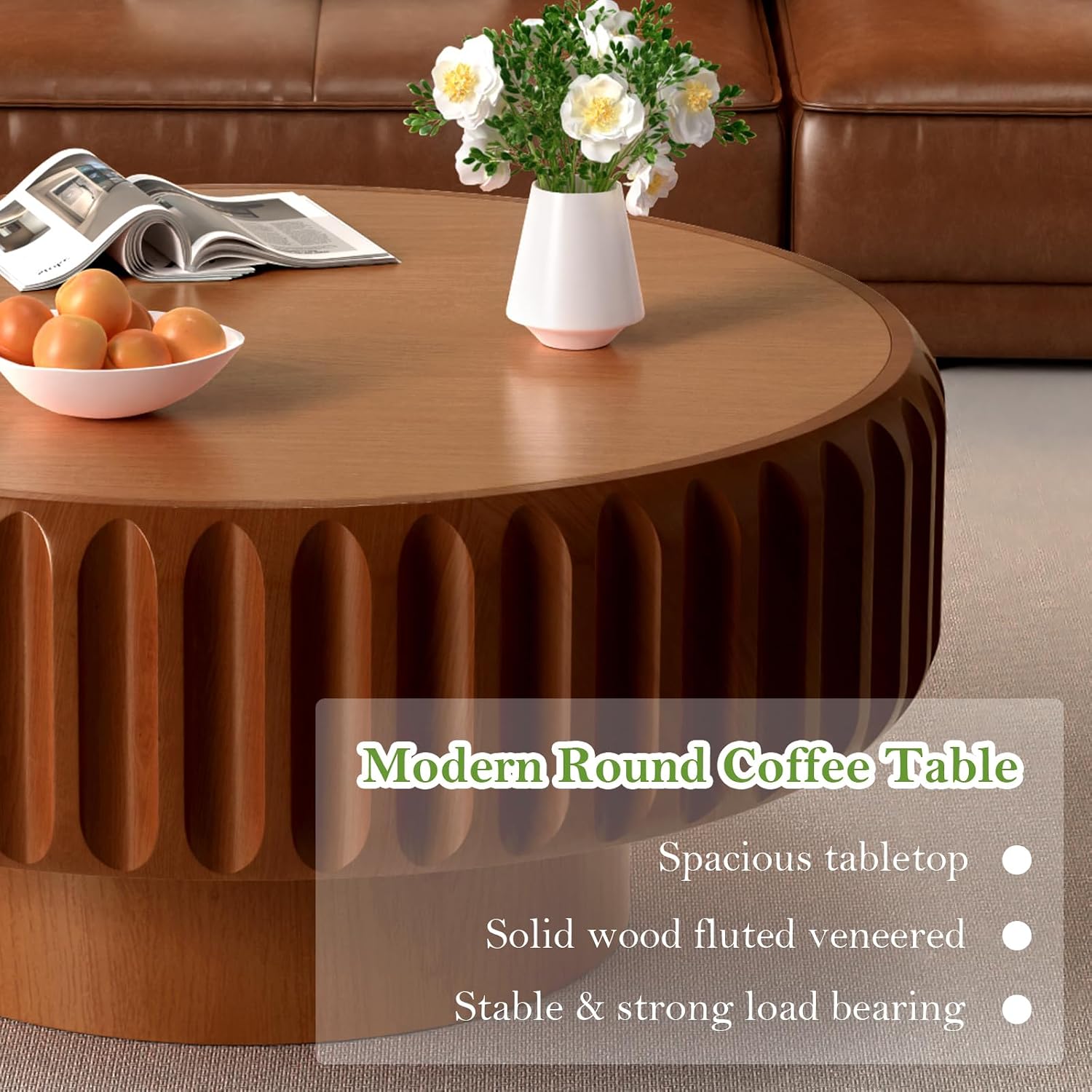 31.5' Round Drum Coffee Table with Storage Rustic Chic Fluted Center Table - Handcraft Solid Wood Veneer Edge for Living Room Farmhouse (A 31.5in)