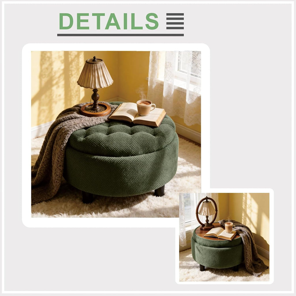 Round Storage Ottoman with Reversible Tray Lid, 25' Upholstered Button Tufted Coffee Table with Storage Foot Rest Stool for Living Room, Bedroom, Entryway, Green