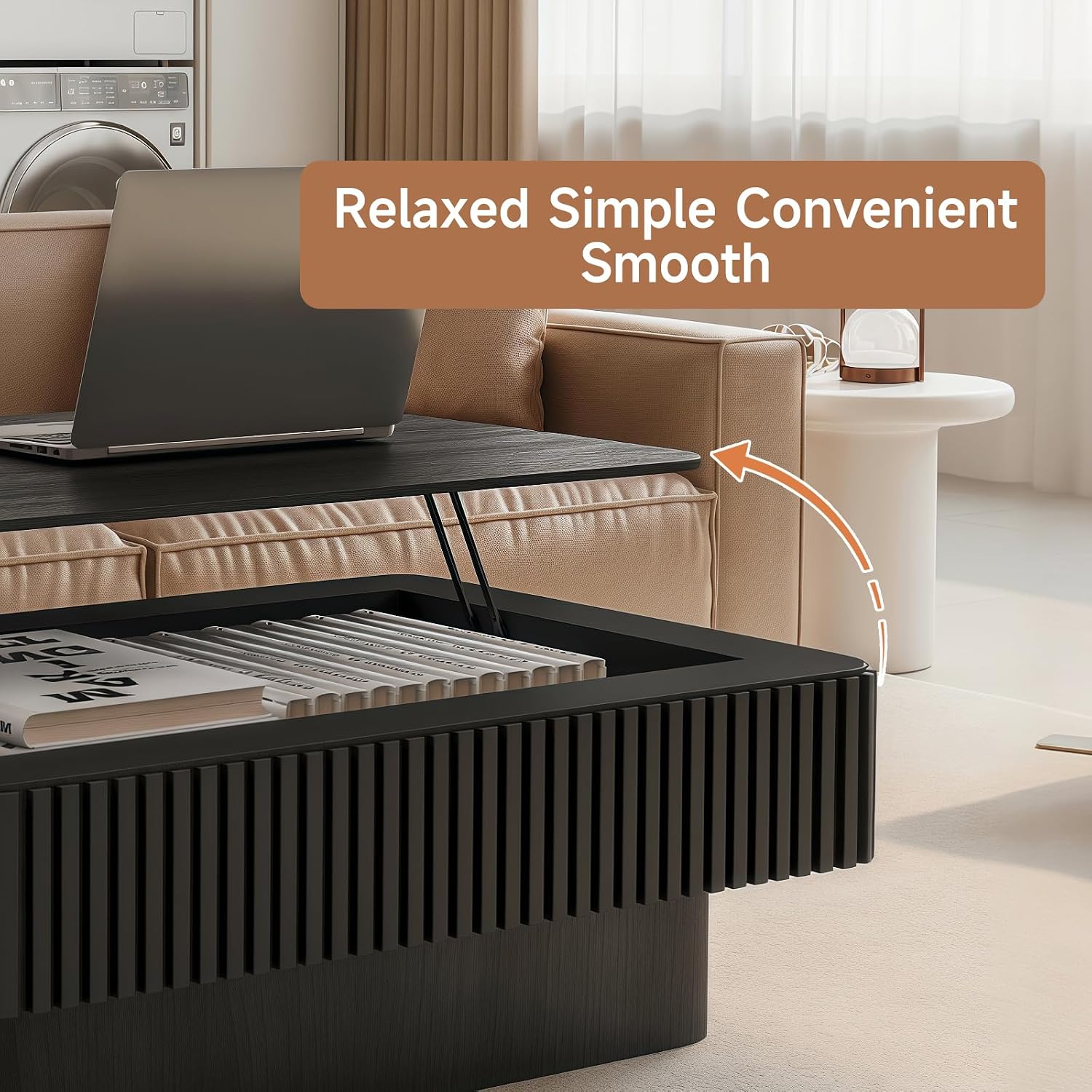 Lift Top Coffee Table for Living Room, Fluted Coffee Tables with Storage, Solid Wood Veneered Modern Accent Tea Center Table for Small Space Apartment (Black-38.6''D×26.8''H)