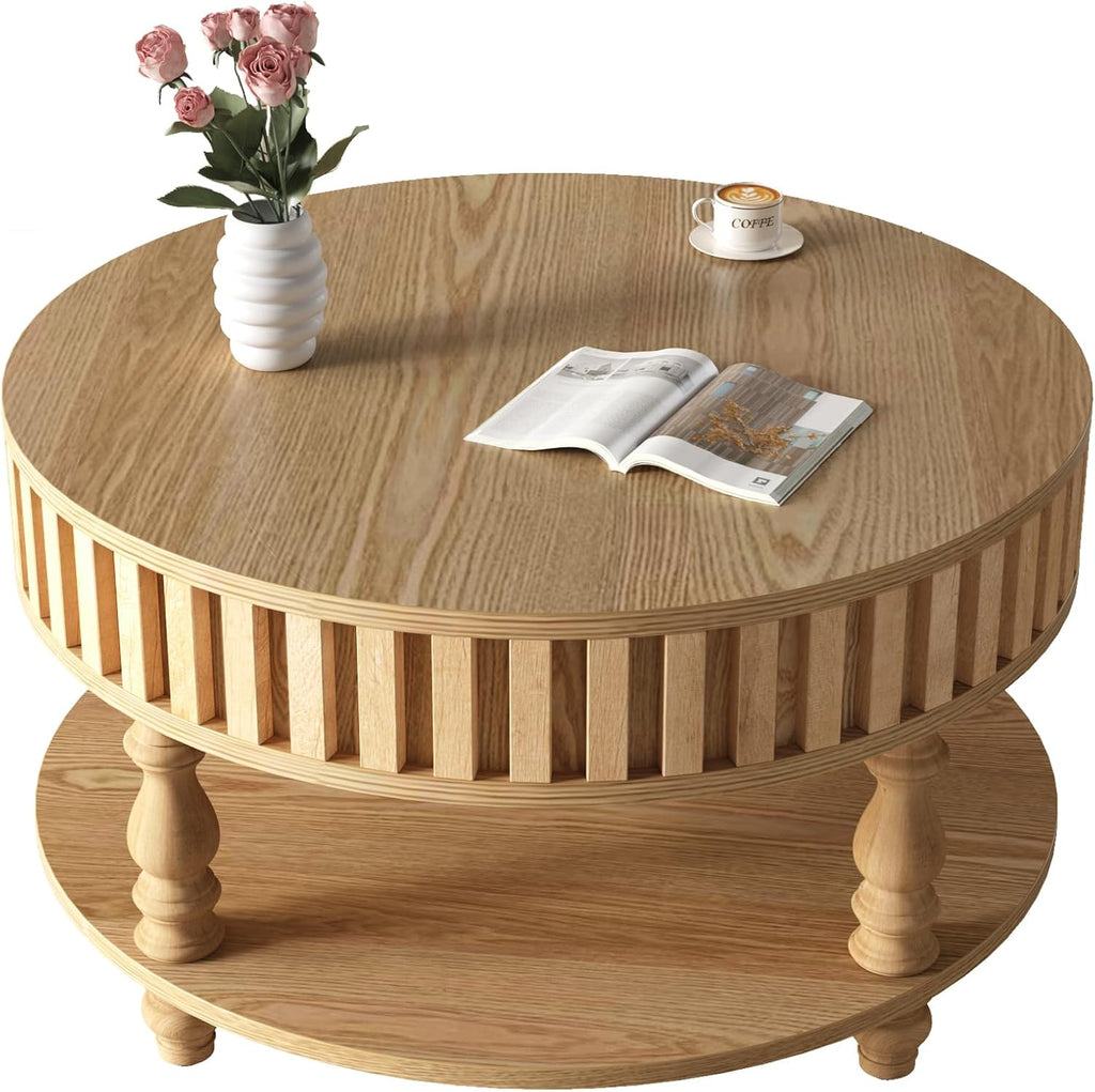 31.49'' Round Coffee Table with Storage Space, 2-Tier Modern Rustic Wood Circle Fluted Coffee Table for Living Room, Moveable Table Top & Easy Assembly, Natural