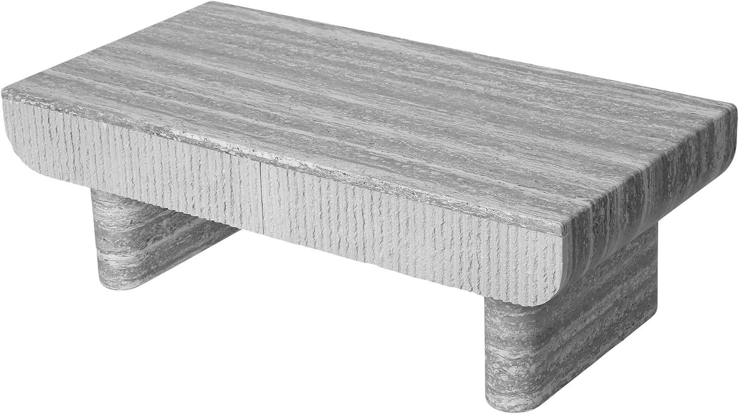 47' Grey Travertine Coffee Table with 2 Fluted Drawers,Modern Concrete Coffee Tables with Pedestal Legs for Living Room, Rectangular Coffee Center Tea Table with Storage for Apartment Bedroom