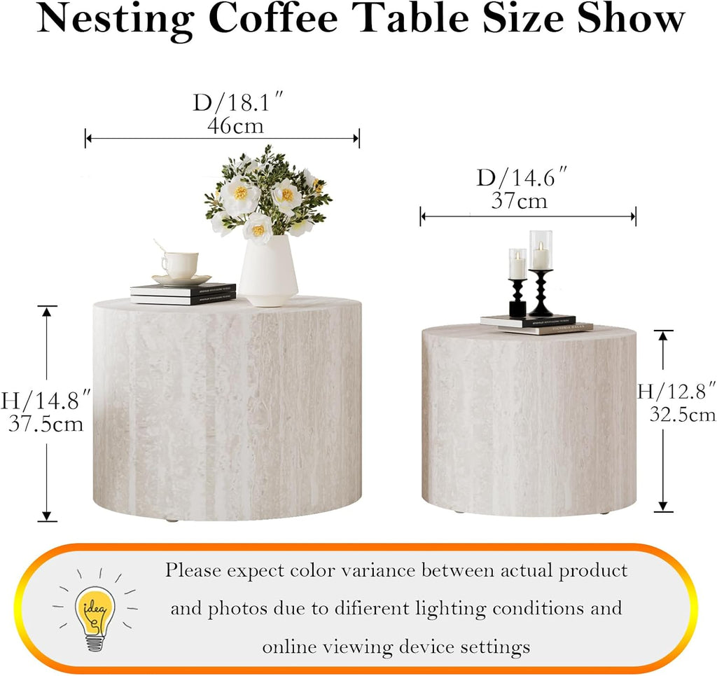 Round Nesting Coffee Table Modern Circular Small Nested End Table - Chic Wood Texture Veneer for Living Room Balcony Study (G 18.1+14.6in)