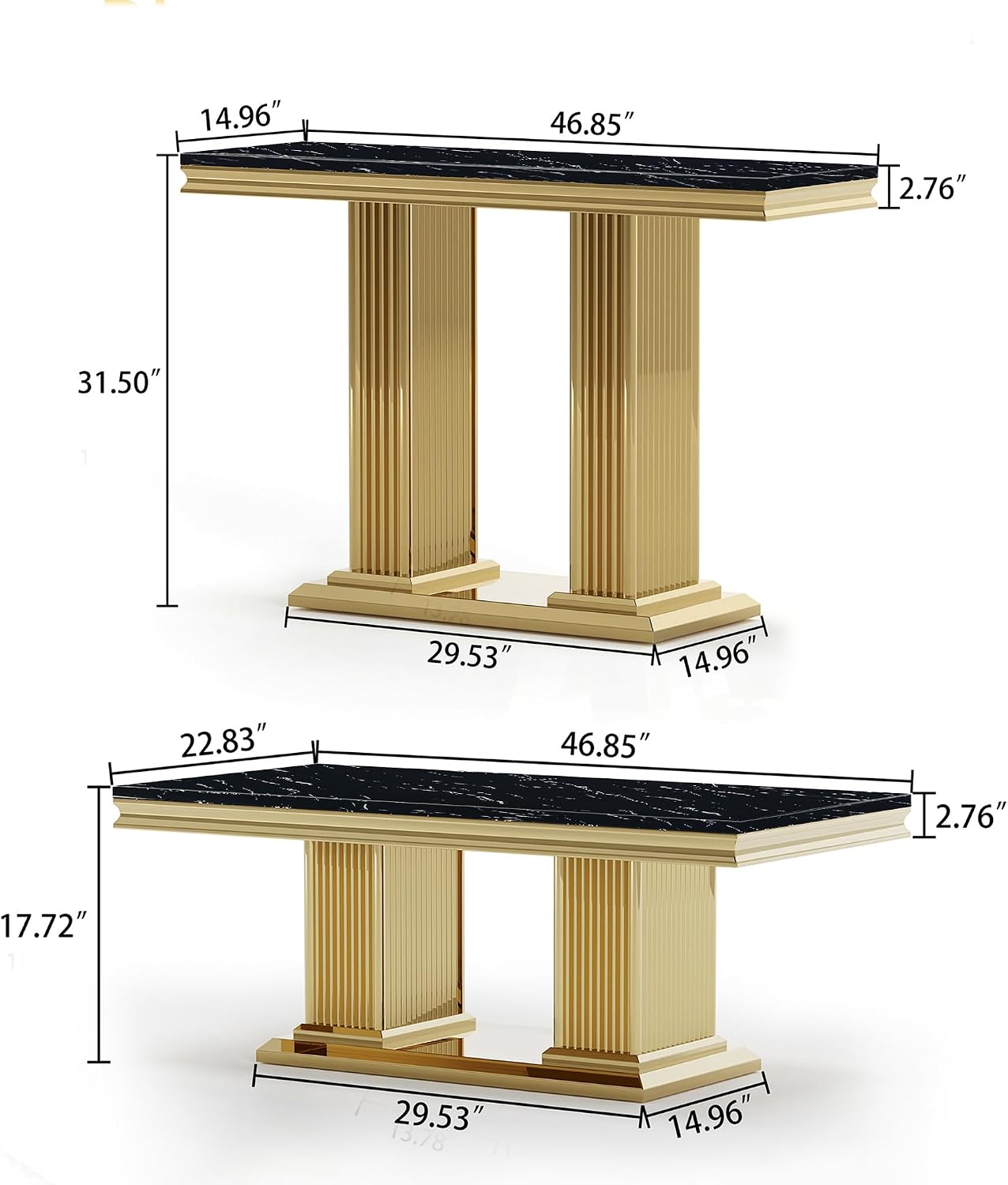 2 Pieces Coffee Table Set, Black Faux Marble Living Room Table Set of 2, Modern Marble Coffee Table and Console Table with Gold Column-Shaped Stainless Steel Base for Living Room Home Office