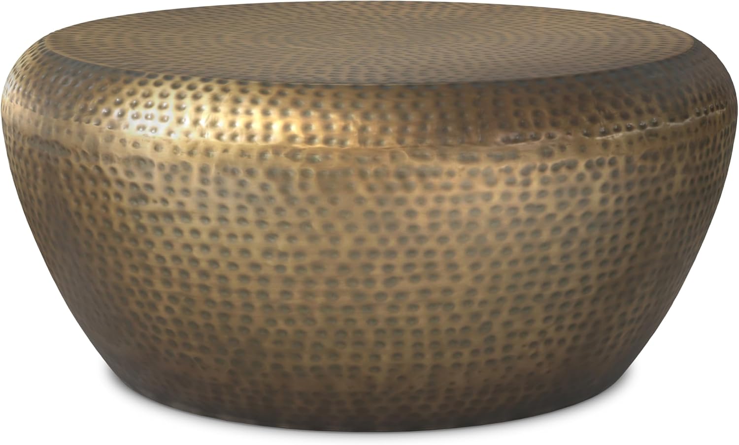 SIMPLIHOME Preston Drum Coffee Table - 36 inch Wide Iron Round Metal Table in Antique Gold, Modern Industrial Living Room Centerpiece with Hand-Hammered Texture and Sculptural Design, Assembled