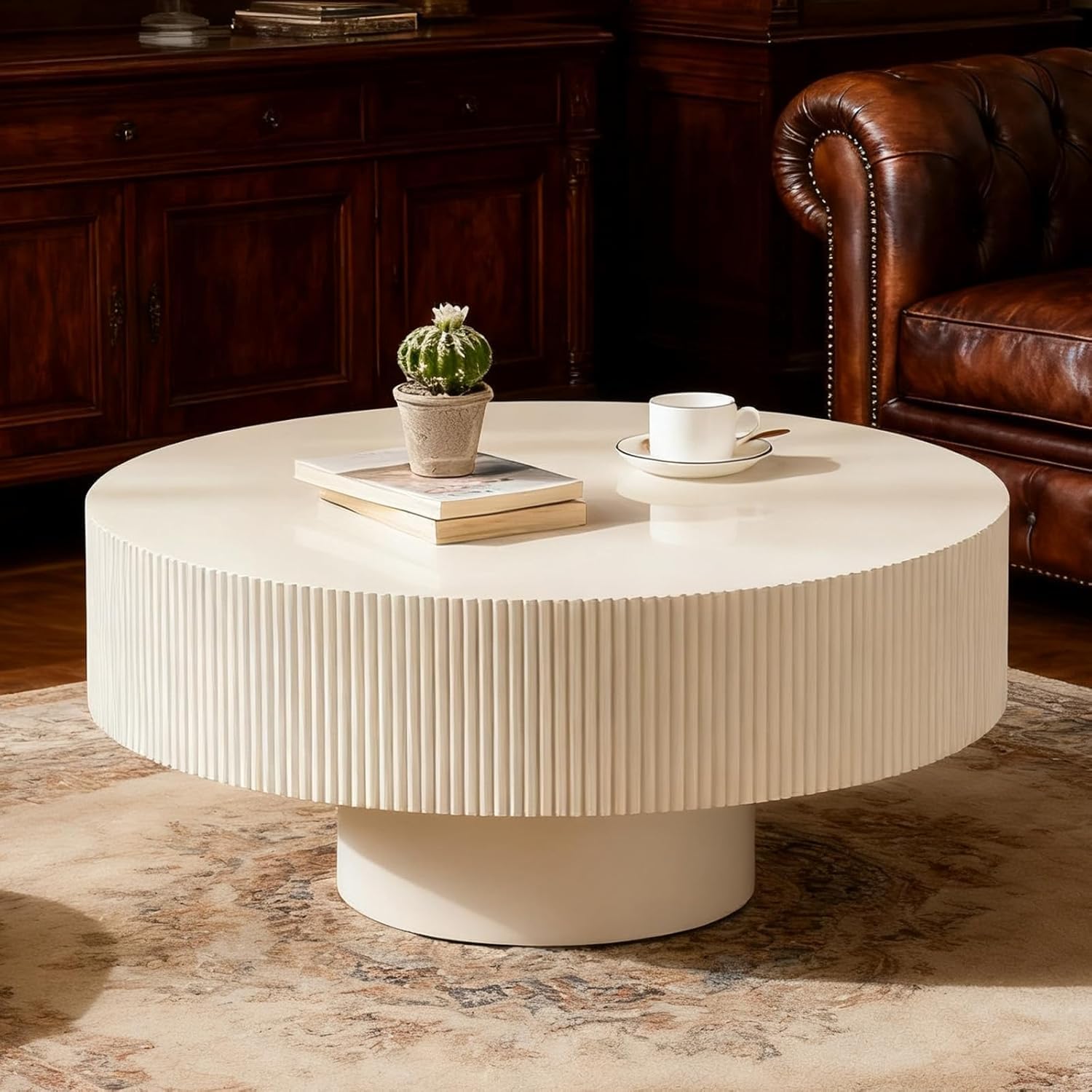 Round Drum Coffee Table White Round Fluted Coffee Table Modern Unique Fluted Drum Coffee Tables for Living Room (Ivory White, 30.9 * 30.9 * 13.8')