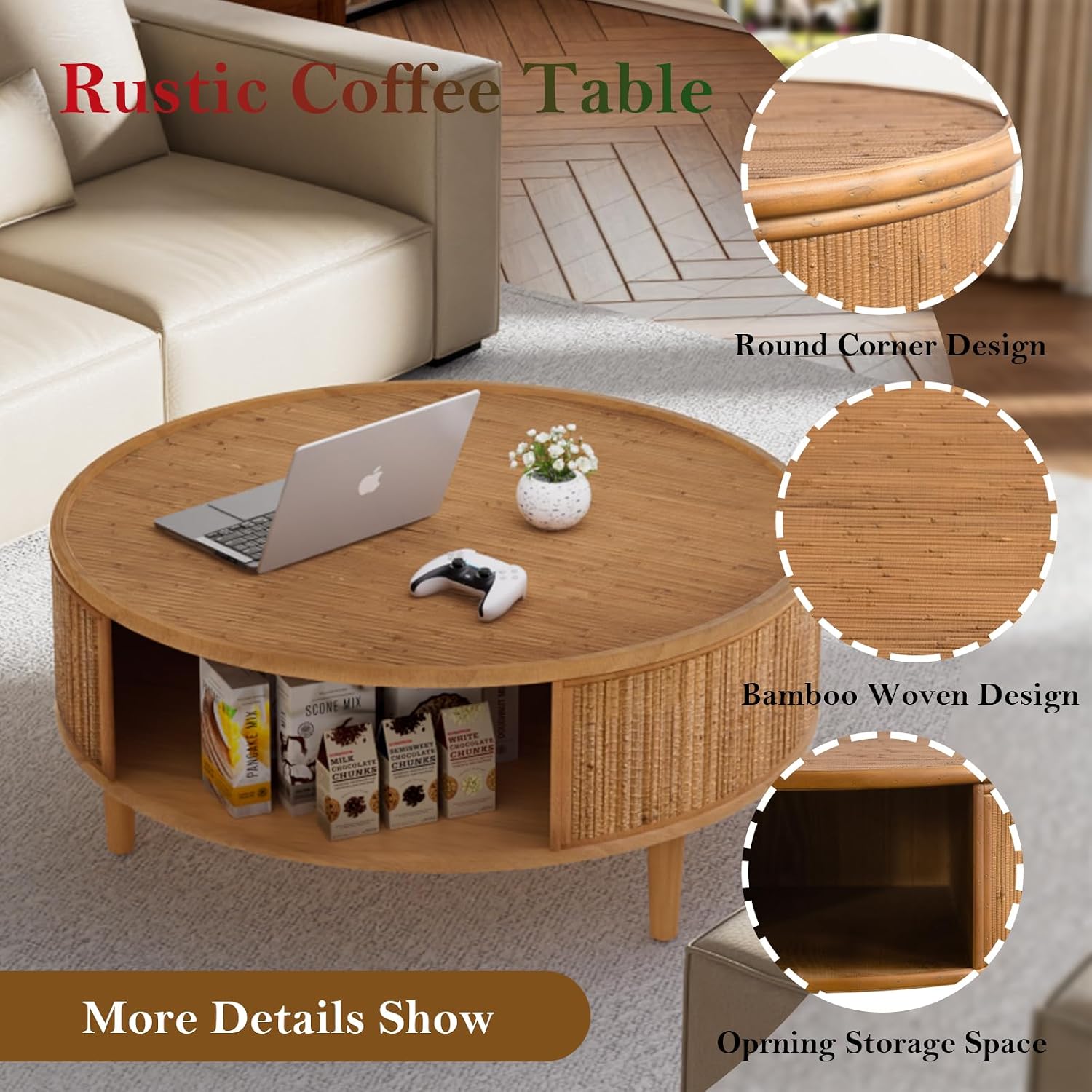 30.5in Rustic Round Coffee Table with Storage, Circular Farmhouse Bamboo Center Tables with Anti-Skid Solid Wood Legs, for Living Room (Bamboo Woven 30.5in)