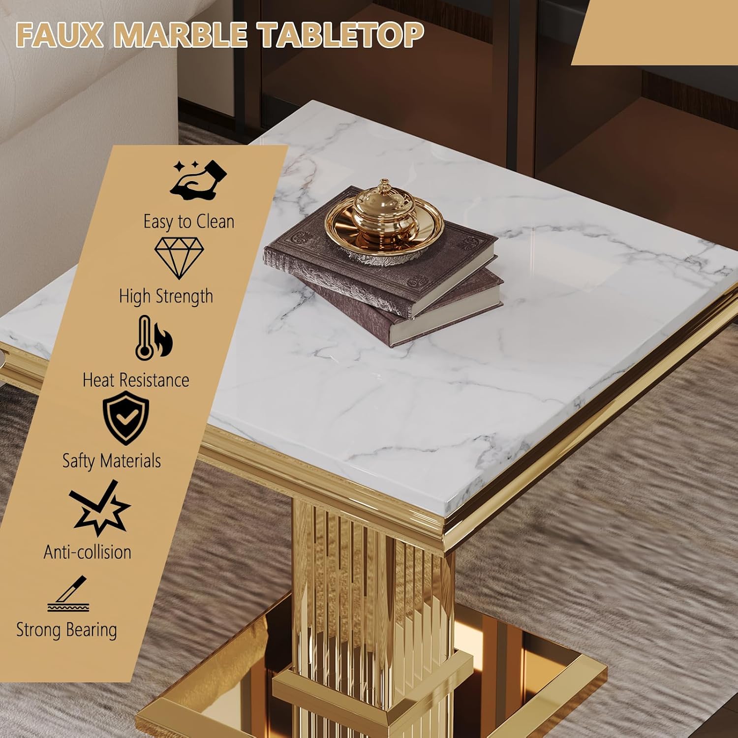 3 Pieces Living Room Table Set, Faux Marble Coffee Table Set of 3, Modern Coffee Table, Console Table and End Table with Column-Shaped Stainless Steel Base for Living Room Office White Gold