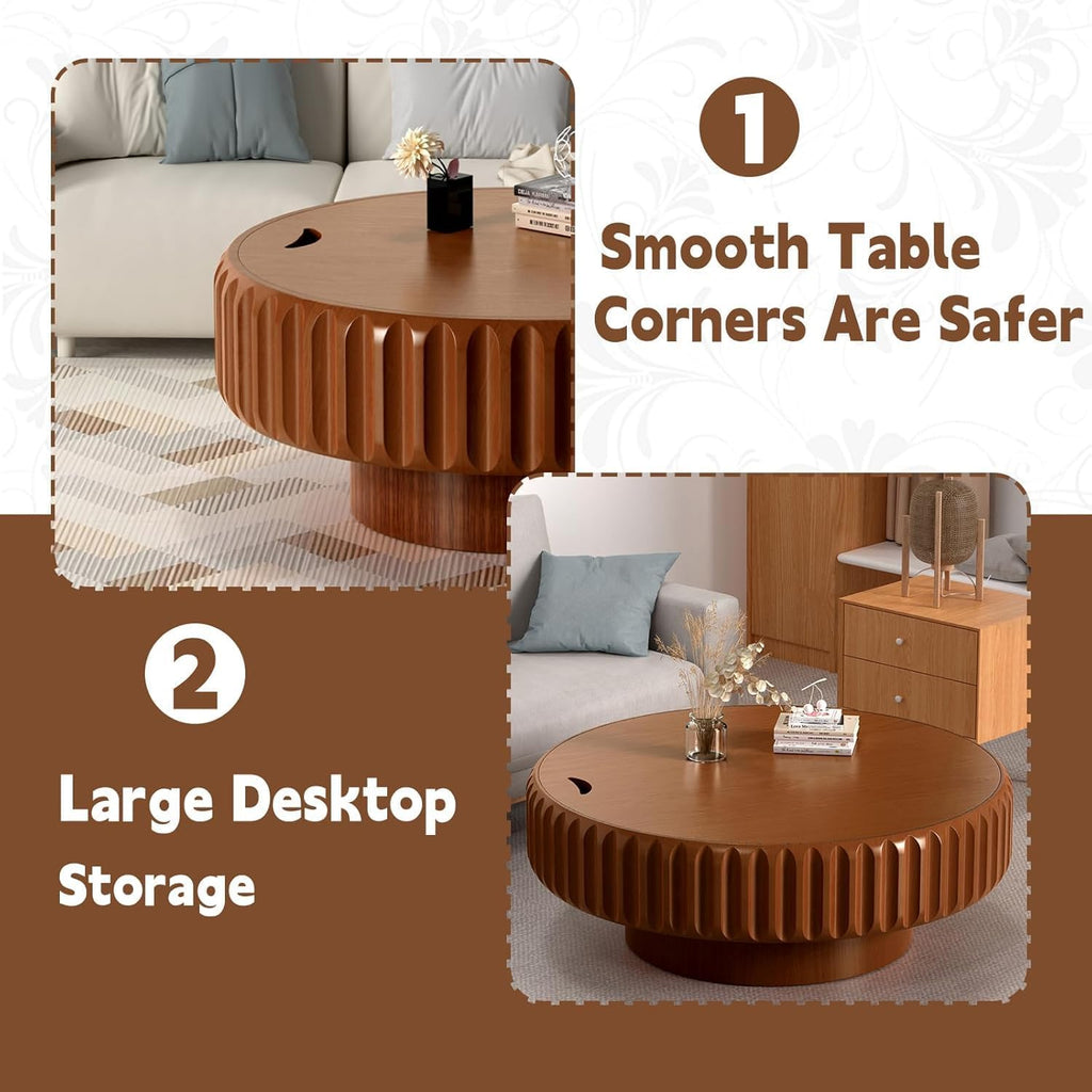 Round Drum Coffee Table White Fluted Coffee Table Circle Center Table Pedestal End Table for Apartment (Brown 39.4)