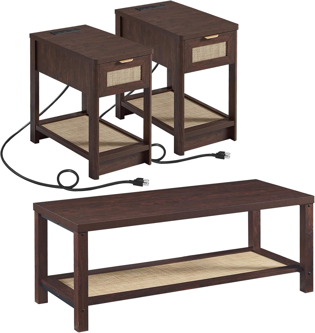 Lerliuo Boho Coffee Table Set of 3, Rattan Coffee and End Table Sets with Charging Station, Living Room Table Set with Open Shelf for Living Room, Walnut