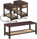 Lerliuo Boho Coffee Table Set of 3, Rattan Coffee and End Table Sets with Charging Station, Living Room Table Set with Open Shelf for Living Room, Walnut