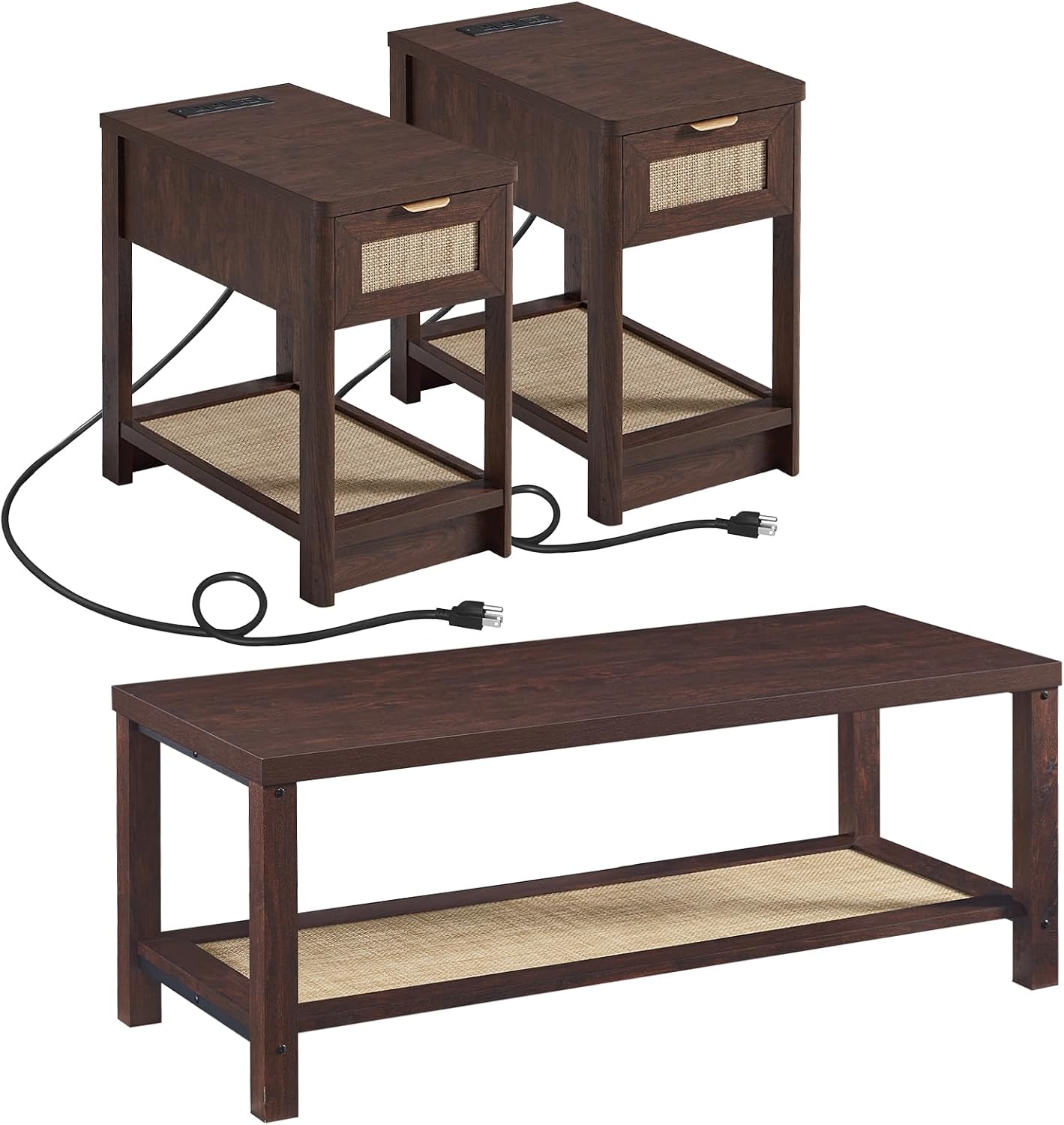 Lerliuo Boho Coffee Table Set of 3, Rattan Coffee and End Table Sets with Charging Station, Living Room Table Set with Open Shelf for Living Room, Walnut