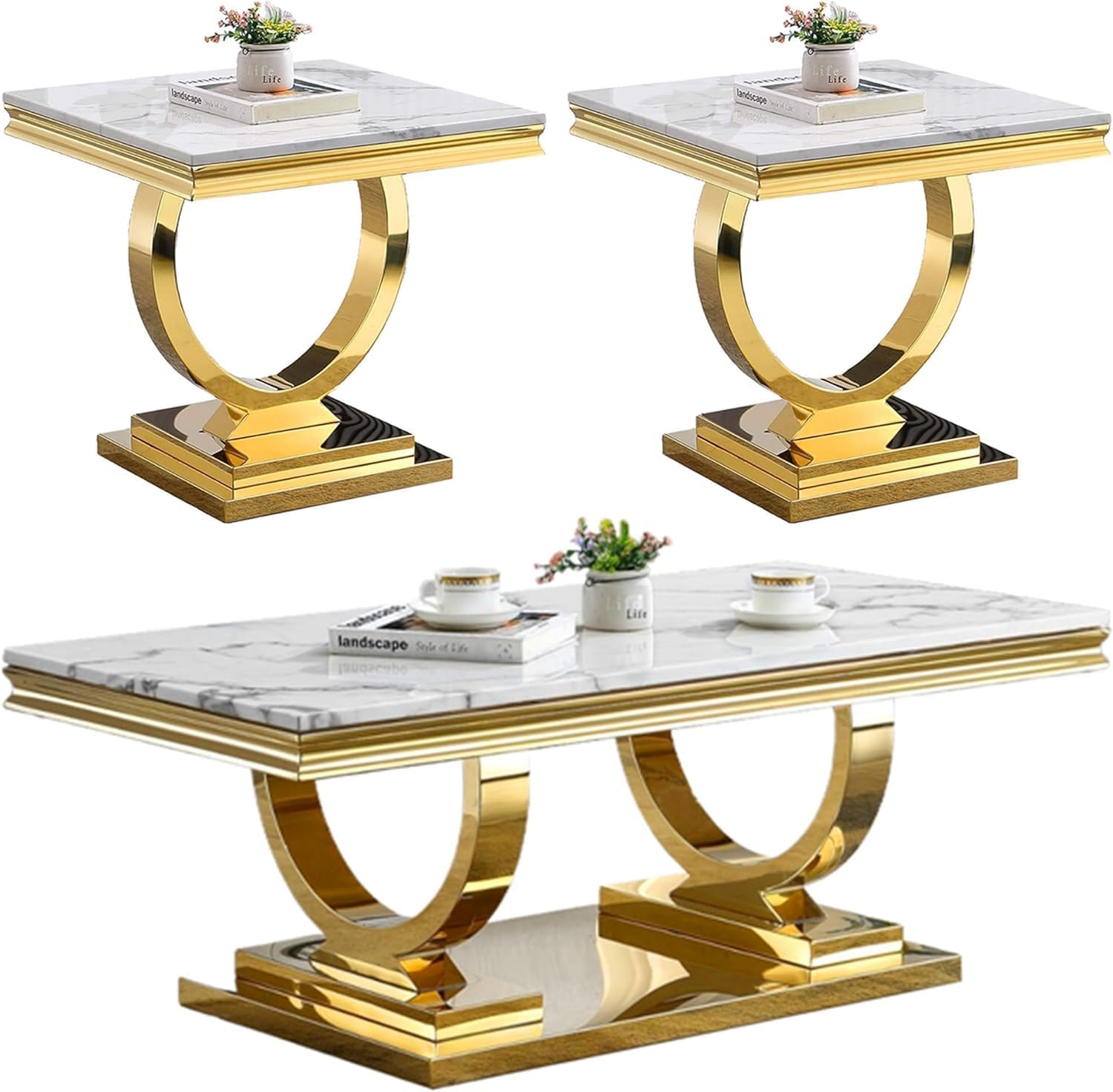 Coffee Tables Set of 3 for Living Room, Marble Coffee Table and 2 End Table Set, White Faux Marble Top&Gold O-Shape Stainless Steel Base, 3 Pieces Living Room Table Sets for Apartment Office