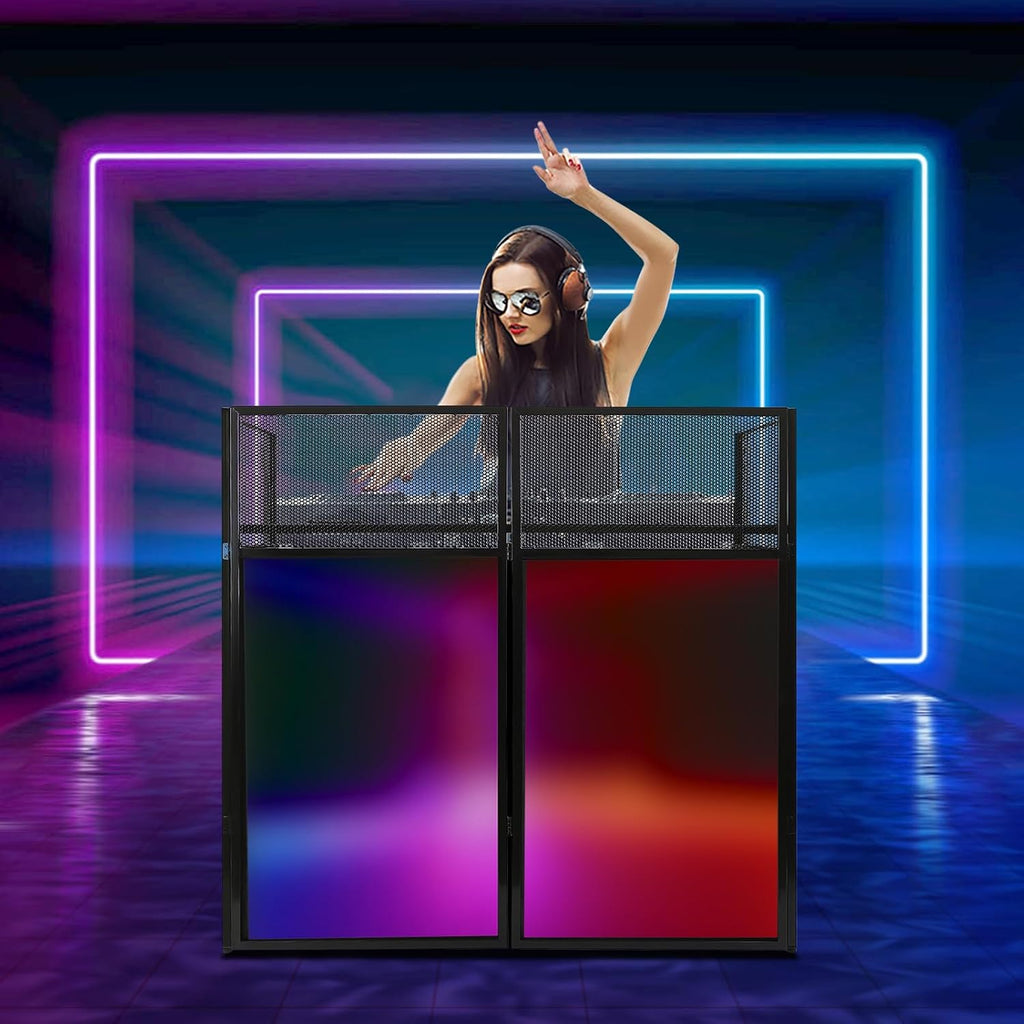DJ Event Facade Booth with Lighting Scrim and Carry Bag, Portable DJ Facade Table Station Flat Table Top 20x40in, DJ Controller Stand, DJ Mixer Display Stand,Recording Mixer Stand (Black)