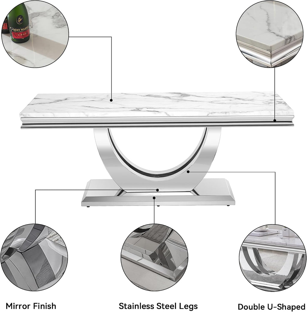 3 Pieces Coffee Table Set, Faux Marble Living Room Table Set of 3, Modern Coffee Table and 2 End Tables with Dual U-Shaped Stainless Steel Base for Living Room (White Silver)