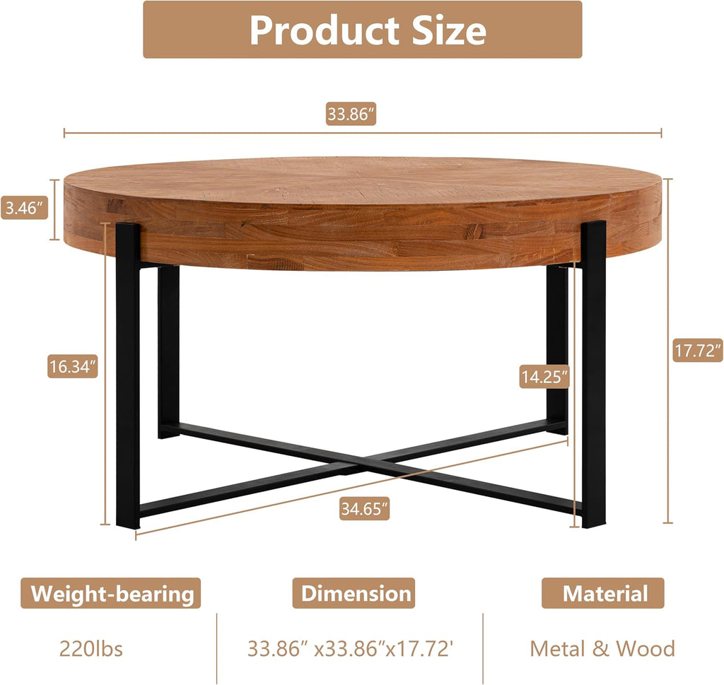 Setawix Farmhouse Round Coffee Table for Living Room, 33.86' Small Side End Table, Wood Retro Splicing Coffee Table, Modern Accent Coffee Table Entry Way Table with Black Metal Cross Leg