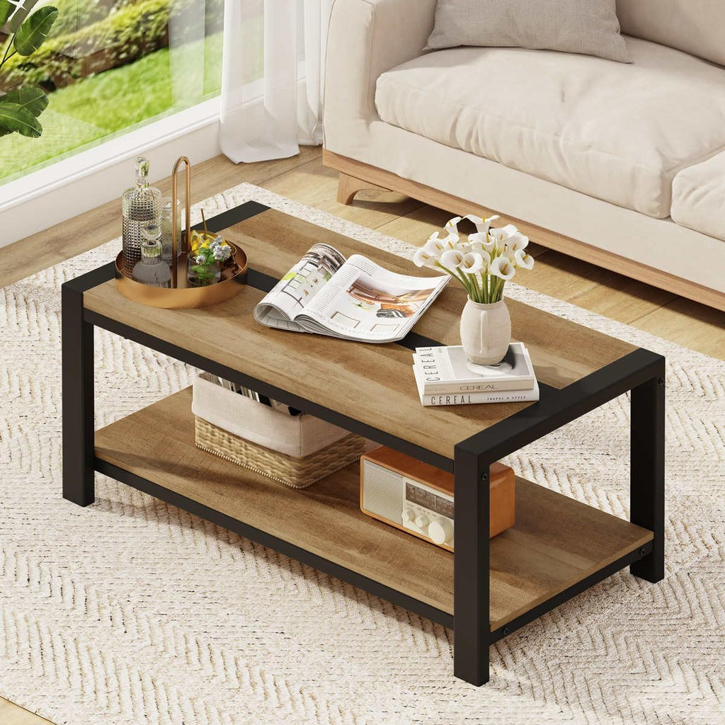 BON AUGURE 43 Inch Coffee Table, Wood and Metal Coffee Tables for Living Room, Rectangle Living Room Table, Small Farmhouse Center Tables for Home Office (Vintage Oak)