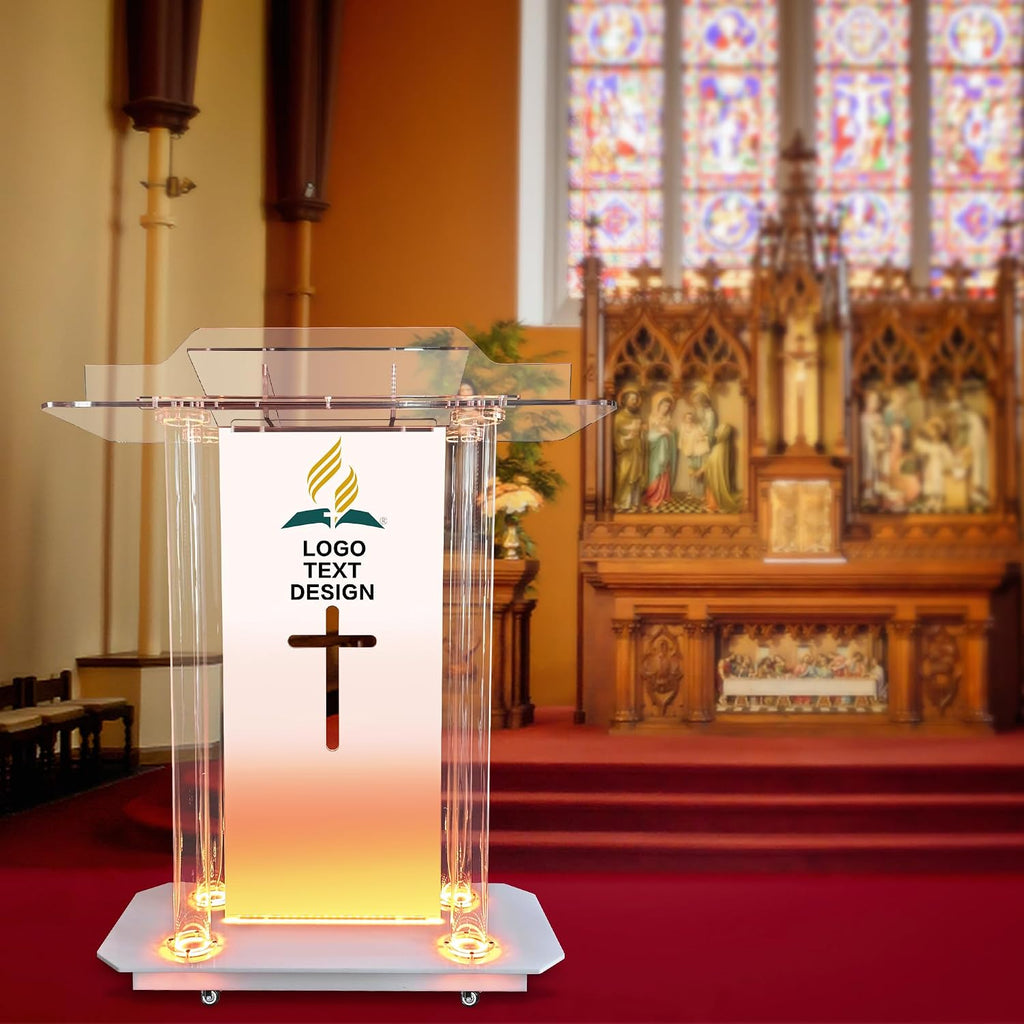Church Pulpit,Logo&Text Personalization Pulpit with Wheels,Led Acrylic Church Podium with Hollow Cross Design,46'Transparent Lecterns for Churches,Classroom