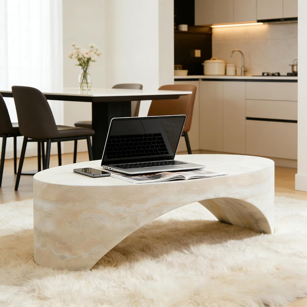 43.31'' Oval Coffee Table in Faux Marble, Modern Fiberglass Arched Coffee Tables, Minimalist Bridge Coffee Table, Stone Center Side Table for Living Room, Office, Apartment, or Balcony