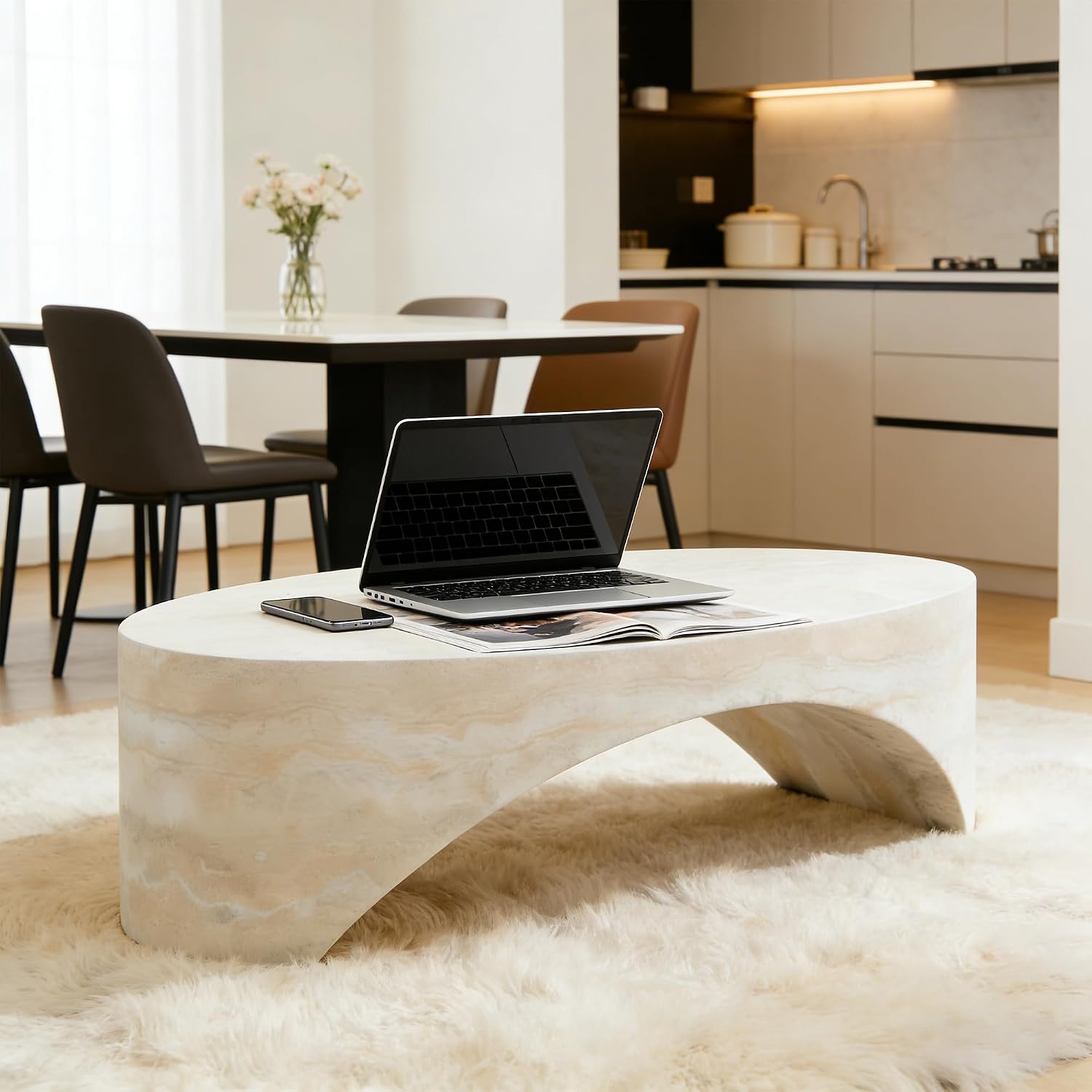 43.31'' Oval Coffee Table in Faux Marble, Modern Fiberglass Arched Coffee Tables, Minimalist Bridge Coffee Table, Stone Center Side Table for Living Room, Office, Apartment, or Balcony