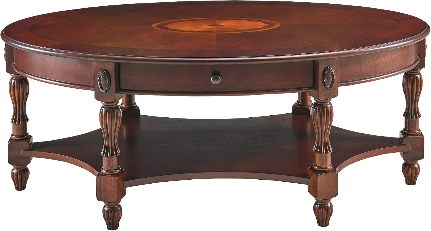 Solid Wood Coffee Table with Drawer and Storage Shelf, Traditional Living Room Cocktail Tea, Oval Center Carvings Side Vintage 46''Lx 29''Wx18.2''H Cherry Walnut KFZ1533WD-DR