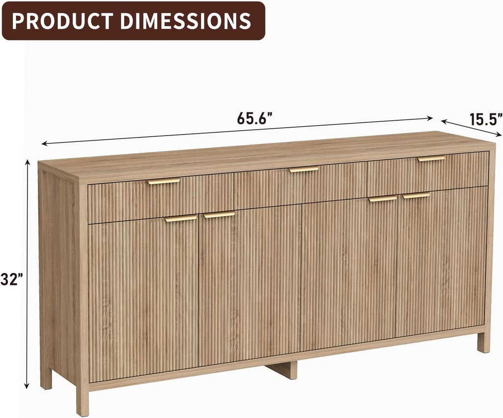 Yanosaku 66' W Fluted Buffet Cabinet, Sideboard Storage Cabinet with 3 Drawers & 2 Cabinets, Mid-Century Coffee Bar Table for Living Room, Dinning Room, Natural