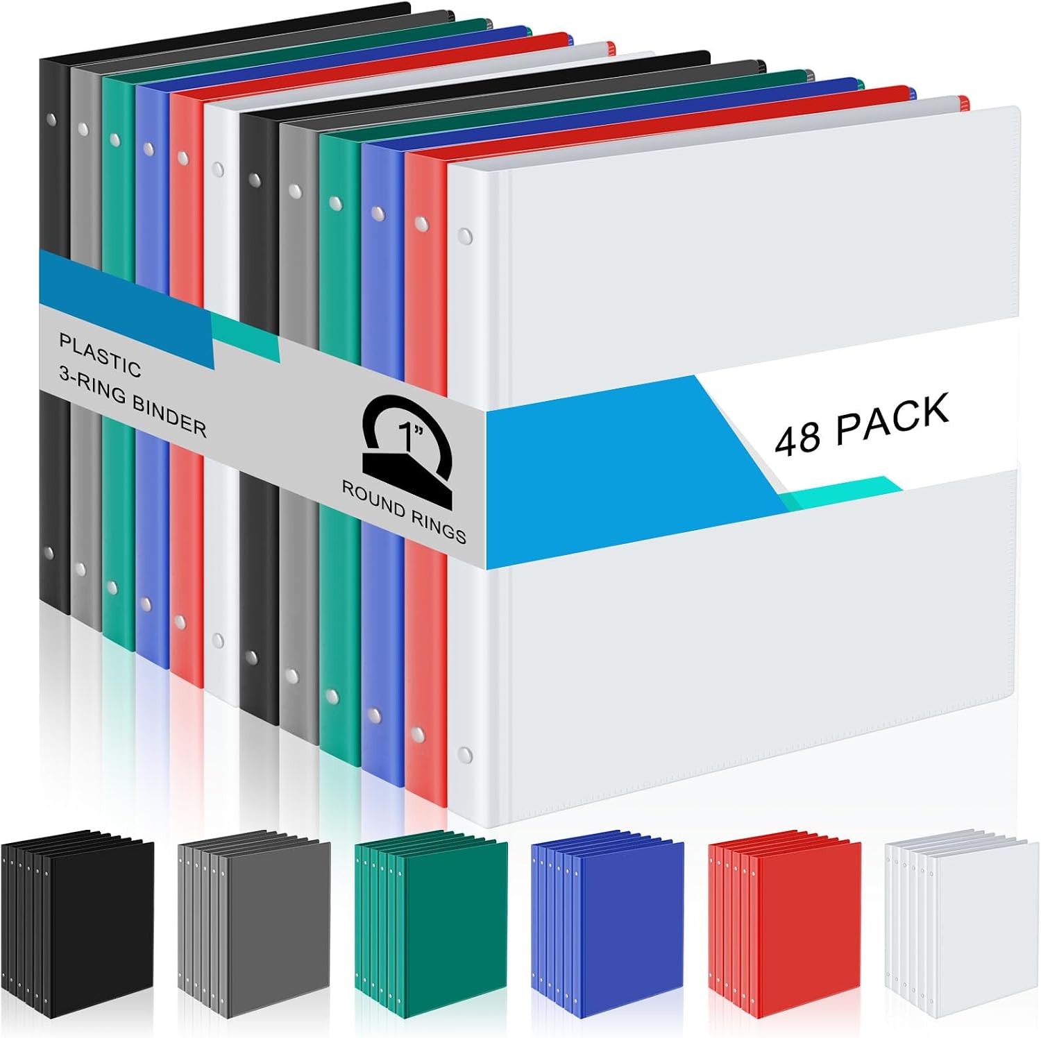 Fulmoon 48 Pack 3 Ring Plastic Binders 1 Inch Bulk with 2 Pockets, Flexible Binder Loose Leaf Hardcover, Fit 12' x 10' US Letter Size Paper, for School Office Home, 6 Colors(Classic)