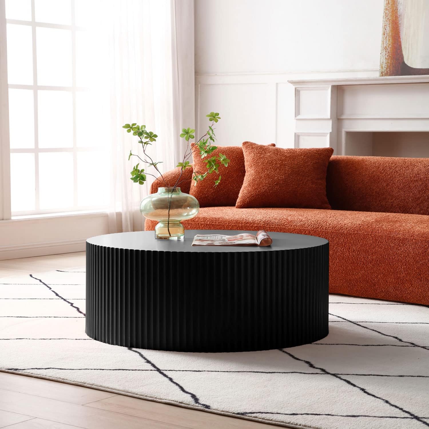 KEIKI 35' Round MDF Coffee Table with Handcrafted Relief Design, Modern Style Circle Coffee Table, No Assembly Required, for Living Room, Bedroom, Reception Room, Office, Matt Black
