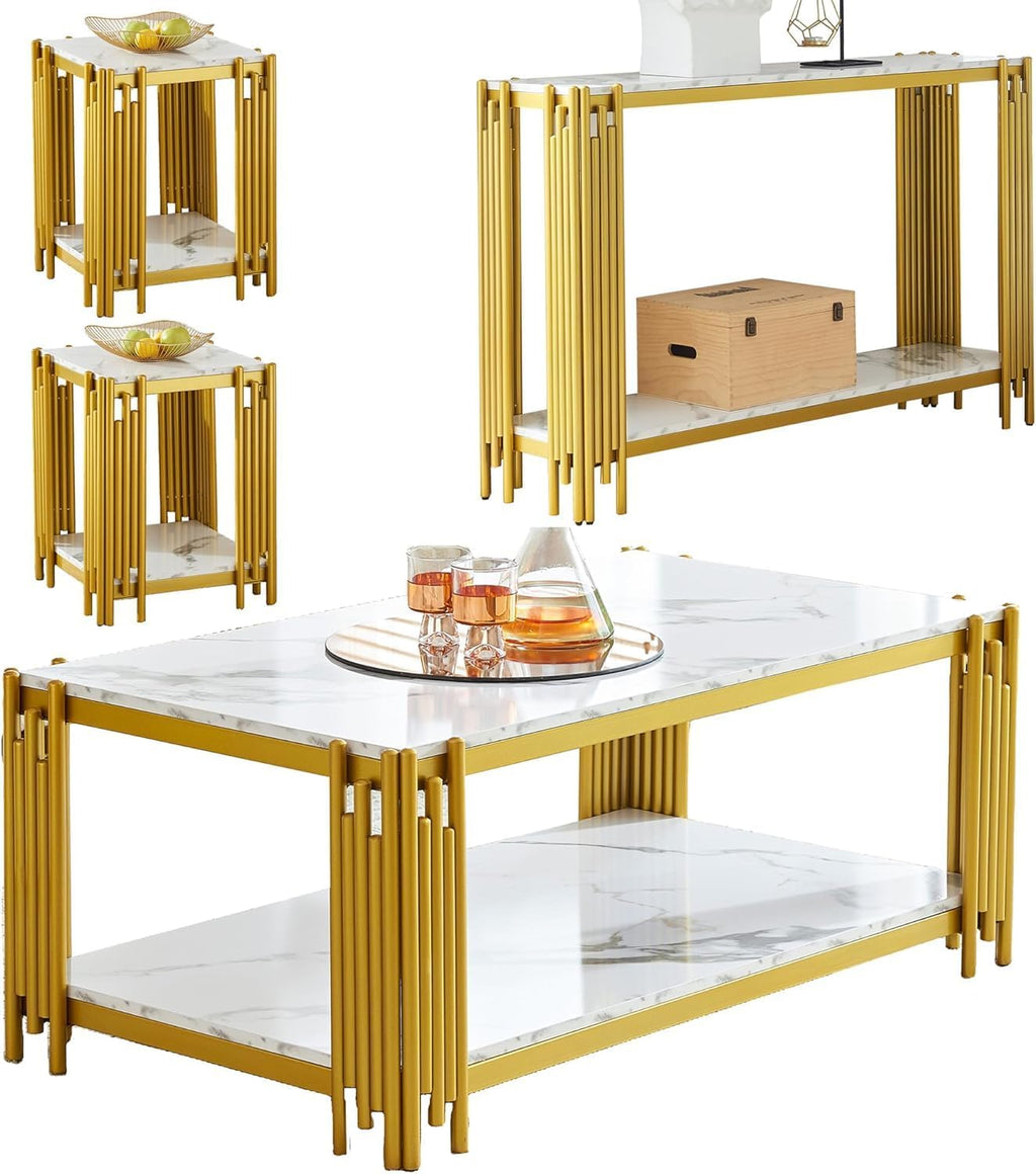 White Marble Coffee Table Set of 4, Faux Marble Coffee Tables, White Gold Console Table and 2 End Tables with Chrome Metal I-Base, Luxury 4 Piece Living Room Table Set for Home Office