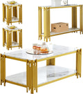 White Marble Coffee Table Set of 4, Faux Marble Coffee Tables, White Gold Console Table and 2 End Tables with Chrome Metal I-Base, Luxury 4 Piece Living Room Table Set for Home Office