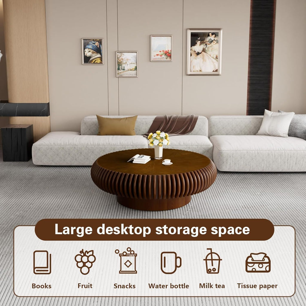 Round Drum Coffee Table Modern Coffee Tables Fluted Coffee Table Circle Center Table Pedestal End Table for Living Room Bedroom(Walnut 39.4in)